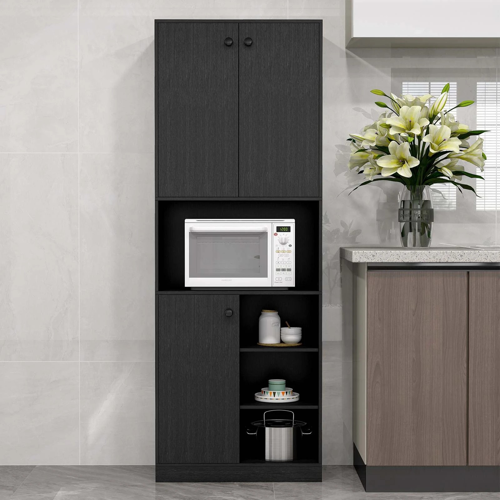 Costway Kitchen Pantry Cupboard 166cm Modern Hutch Cabinet - Black - Kmart