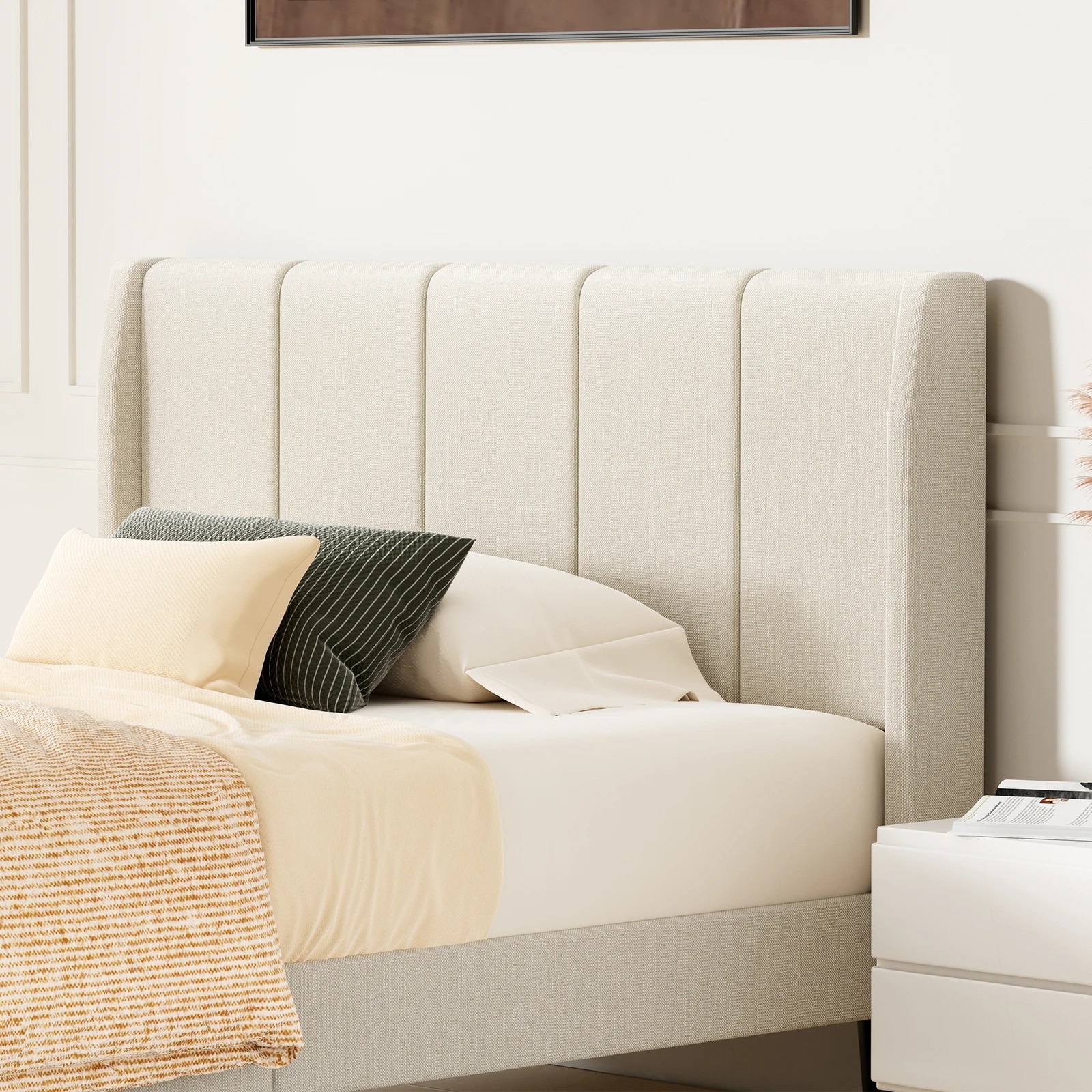 4 Alfordson Bed Frame Single Size Tufted Headboard Base Beige Fabric Hundolf - Beige, 4 of 10