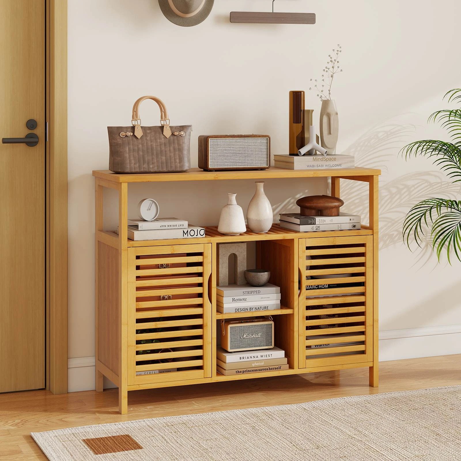 3 Costway Bamboo Bathroom Cabinet 2-Door Storage Organizer Freestanding Storage Unit, 3 of 4
