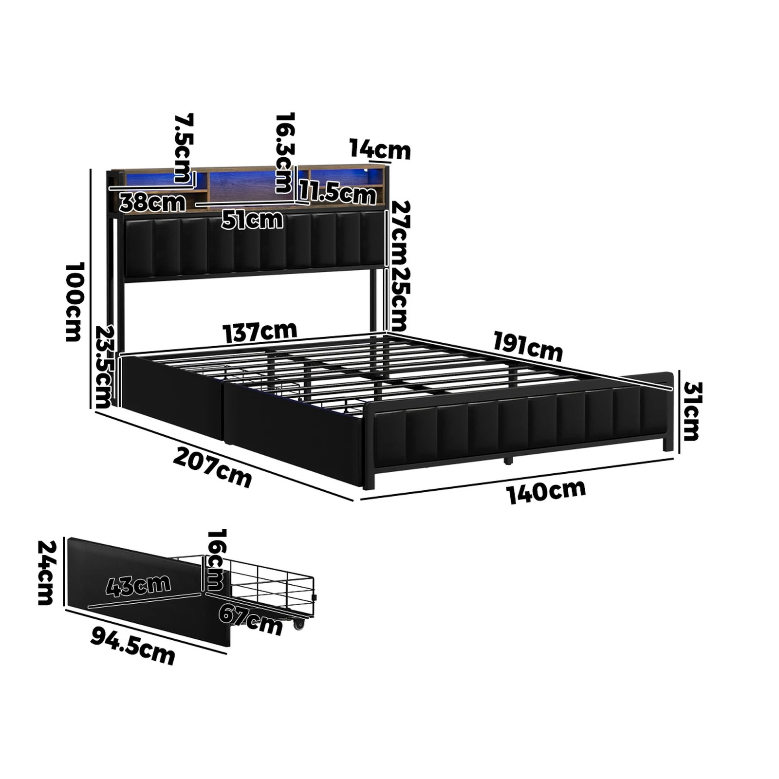 2 Oikiture Bed Frame Double Size LED Storage Headboard USB Charge 2 Drawers - Black, 2 of 9