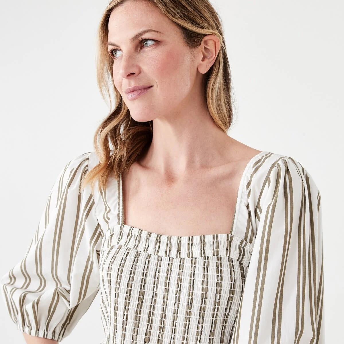 4 Short Sleeve Shirred Bodice Midi Dress TAYLOR STRIPE BURNT OLIVE, 4 of 6