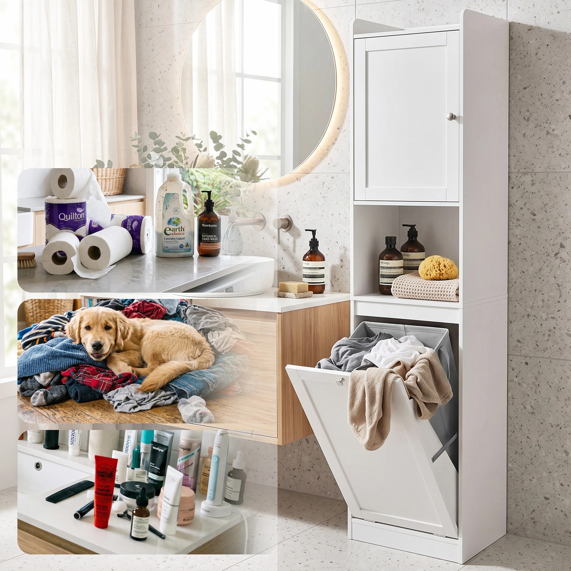 5 Artiss Tall Bathroom Storage Cabinet with Tilt Out Laundry Hamper 170cm- White, 5 of 10