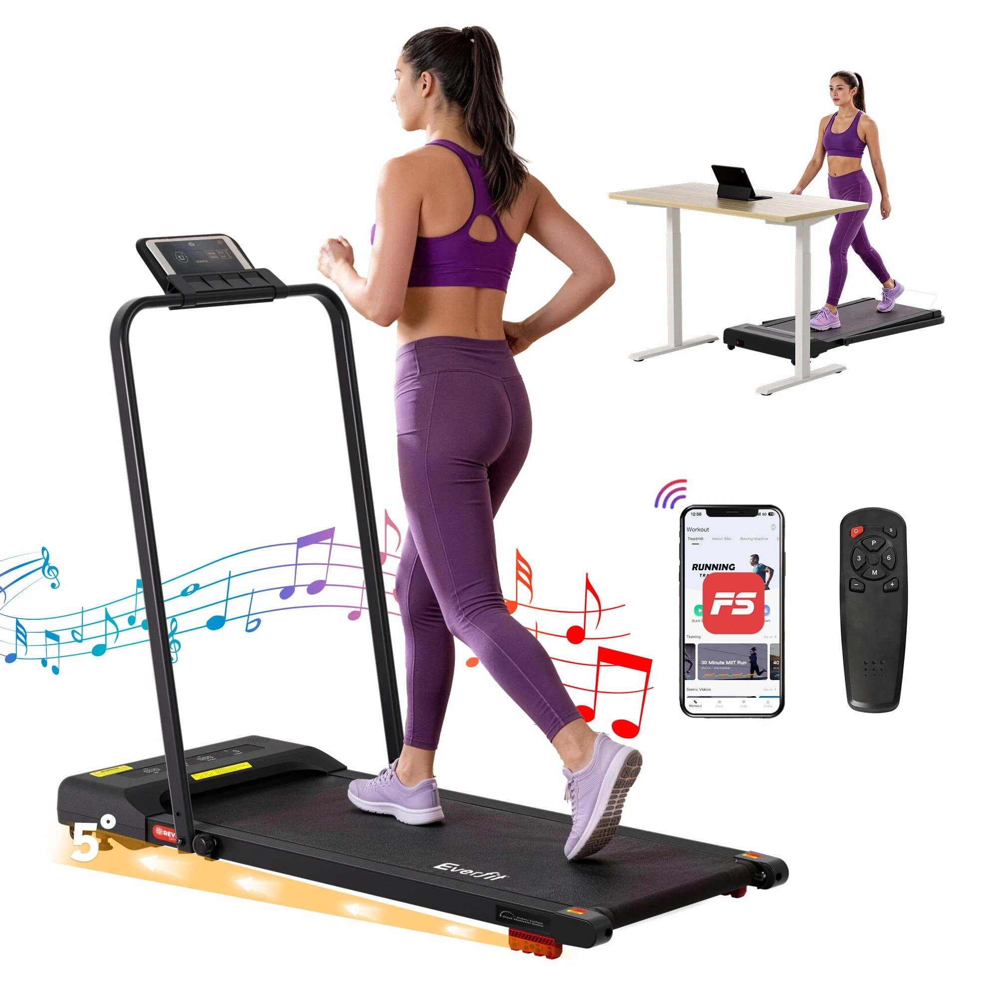 1 Everfit Treadmill Electric Walking Pad Incline Under Desk 380mm - Black, 1 of 10