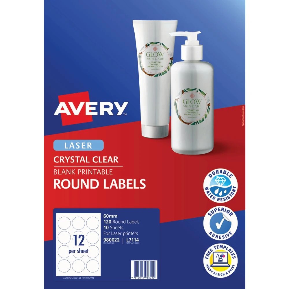 2 Avery 12UP Laser Crystal Clear Round 60mm Labels 10 Sheets, 2 of 6