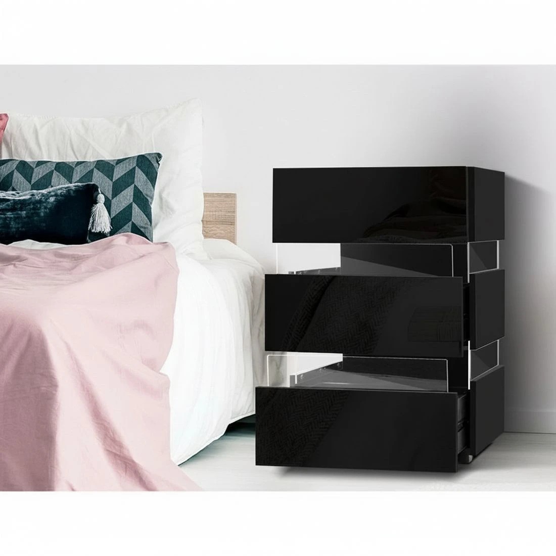 4 Artiss Bedside Table LED 3 Drawers - LUMI - Black, 4 of 6