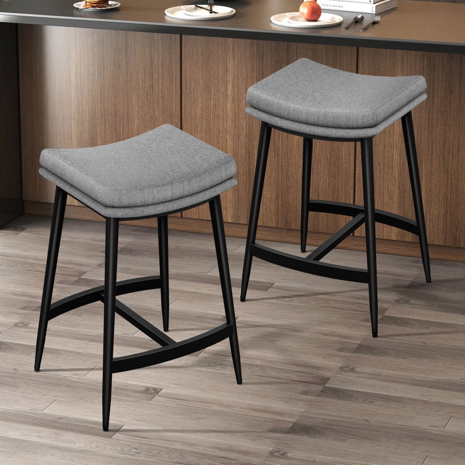 2 Alfordson 2x Bar Stools Saddle Seat Fabric - Grey, 2 of 9