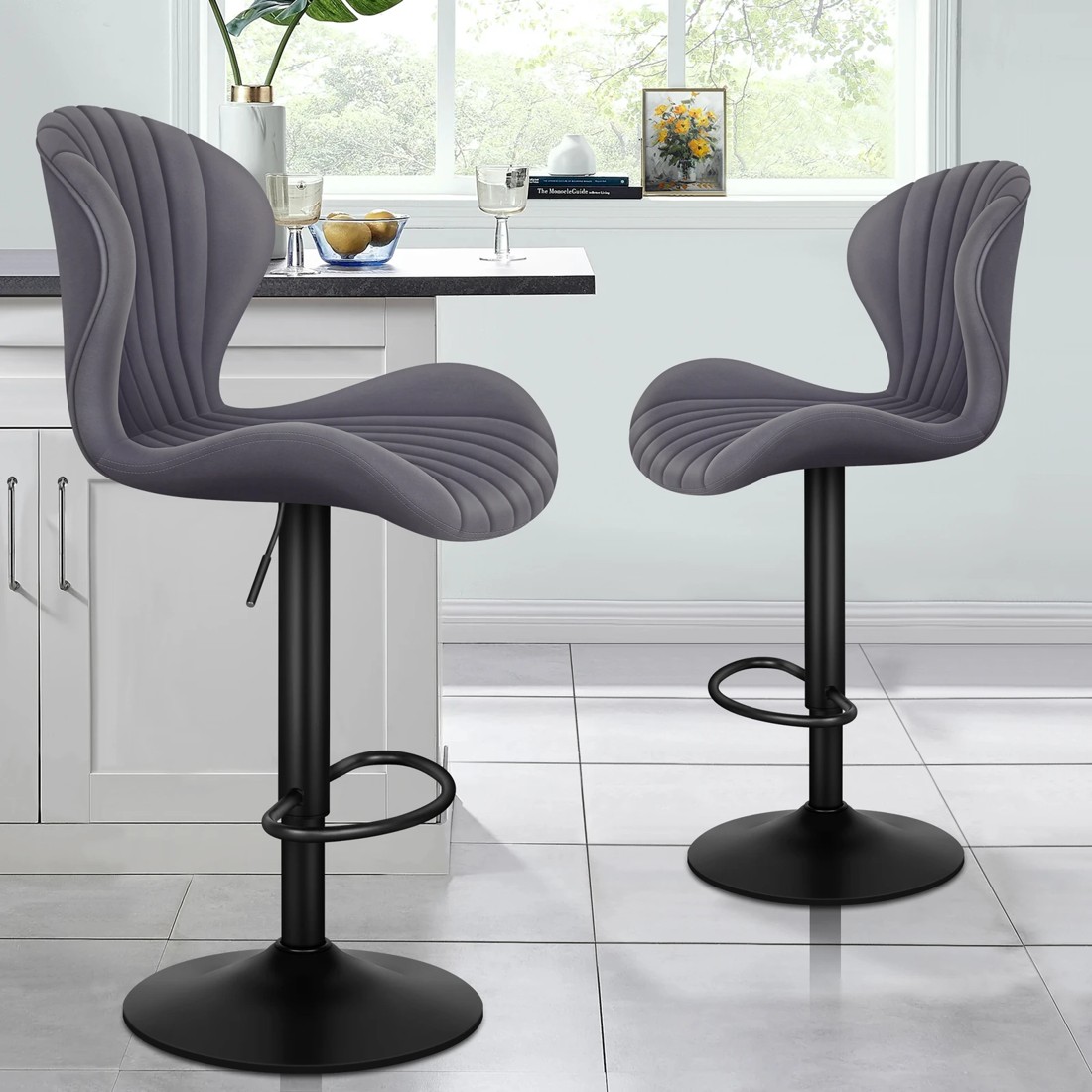 2 Alfordson 2x Bar Stools Gas Lift Air Leather Bar Chairs Kitchen Swivel - Grey, 2 of 9