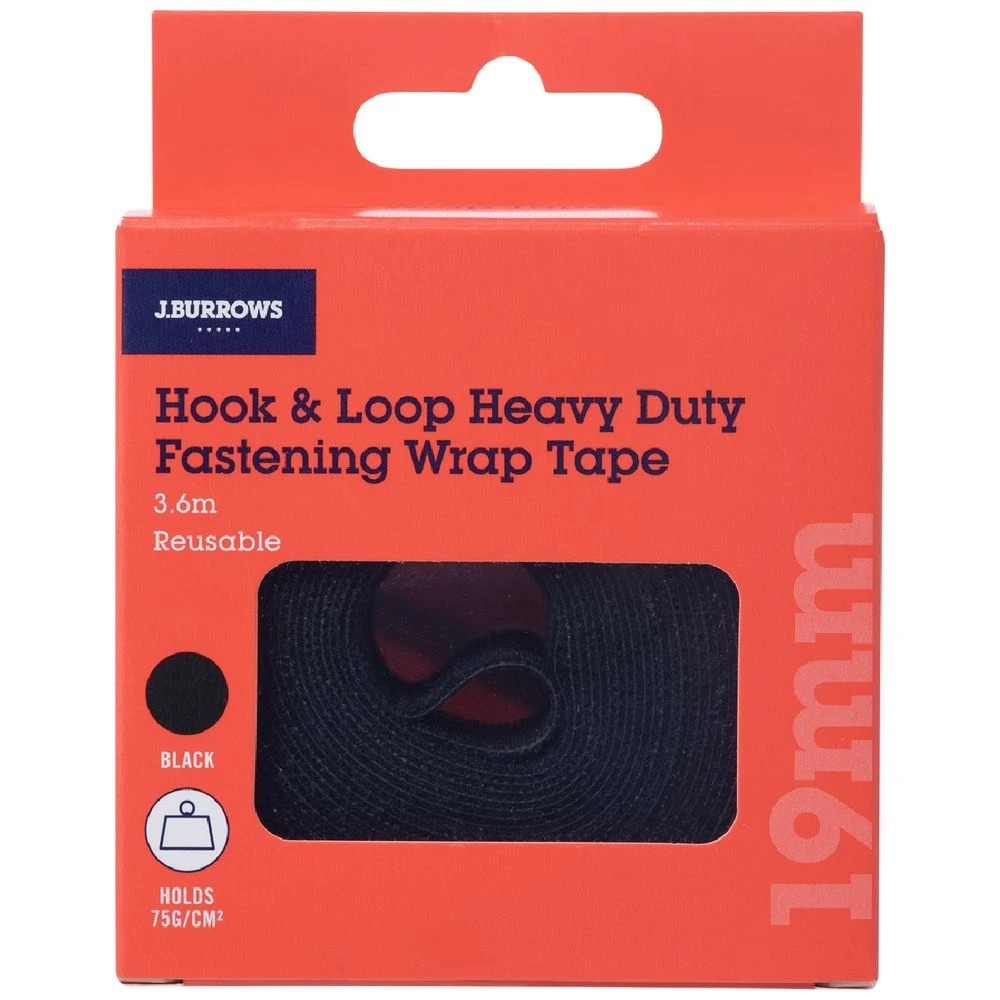 1 J.Burrows Hook & Loop Wrap Tape 19mm x 3.6m Black, 1 of 2