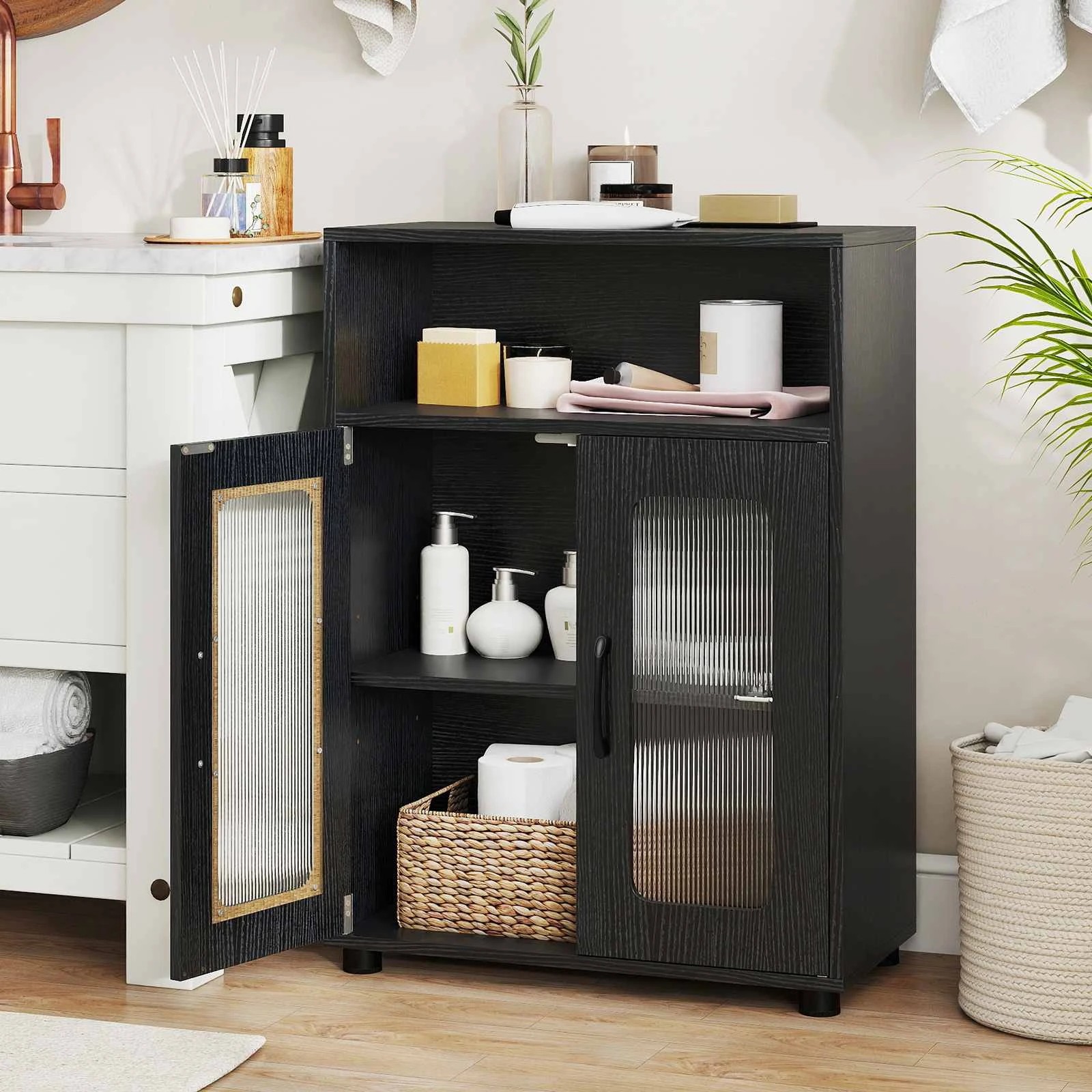 4 Costway 83cm Bathroom Storage Cabinet w/2 See-through Doors Freestanding Organizer Unit - Black, 4 of 5