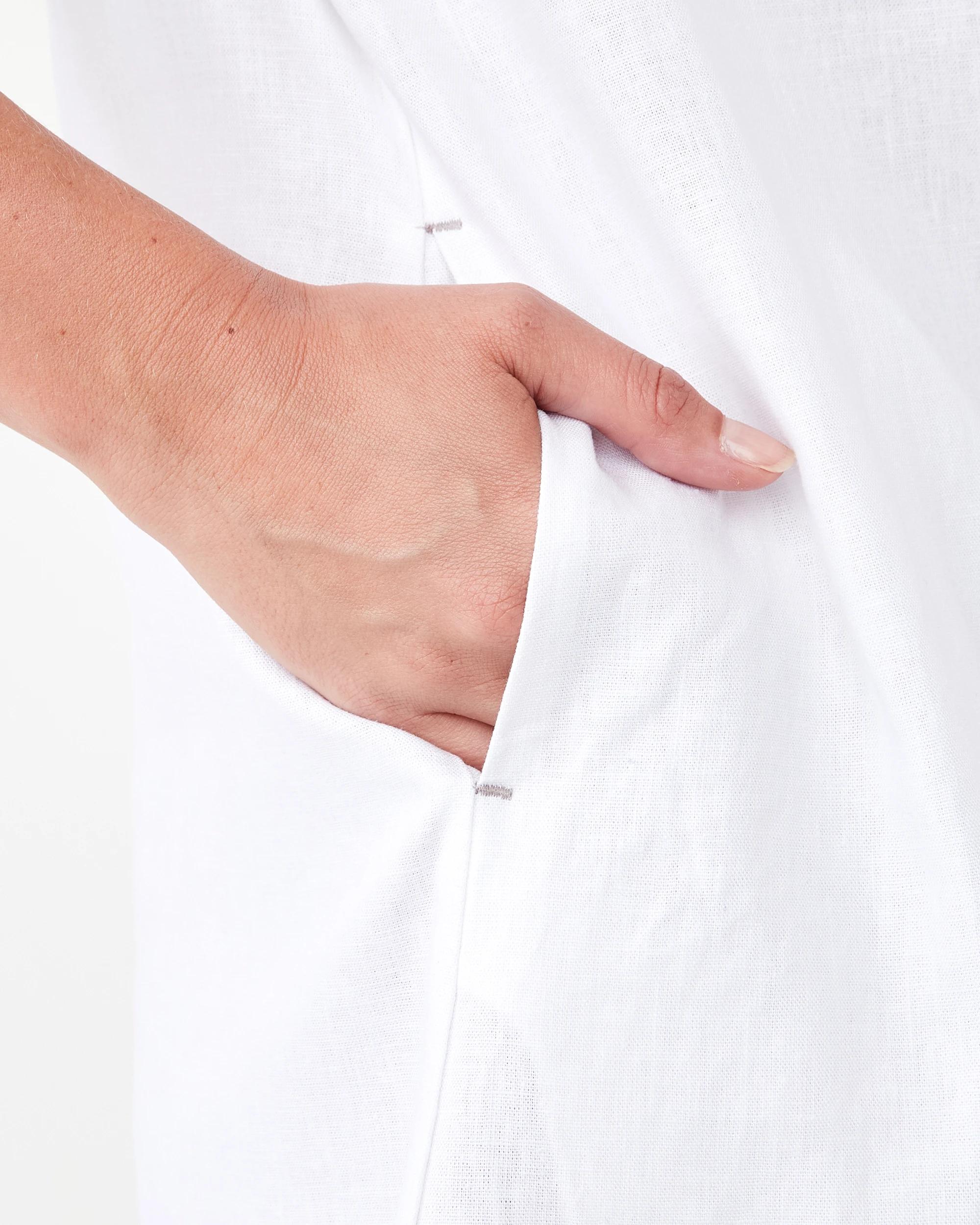 6 Long Sleeve Linen Blend V-Neck Mini Dress White, 6 of 8