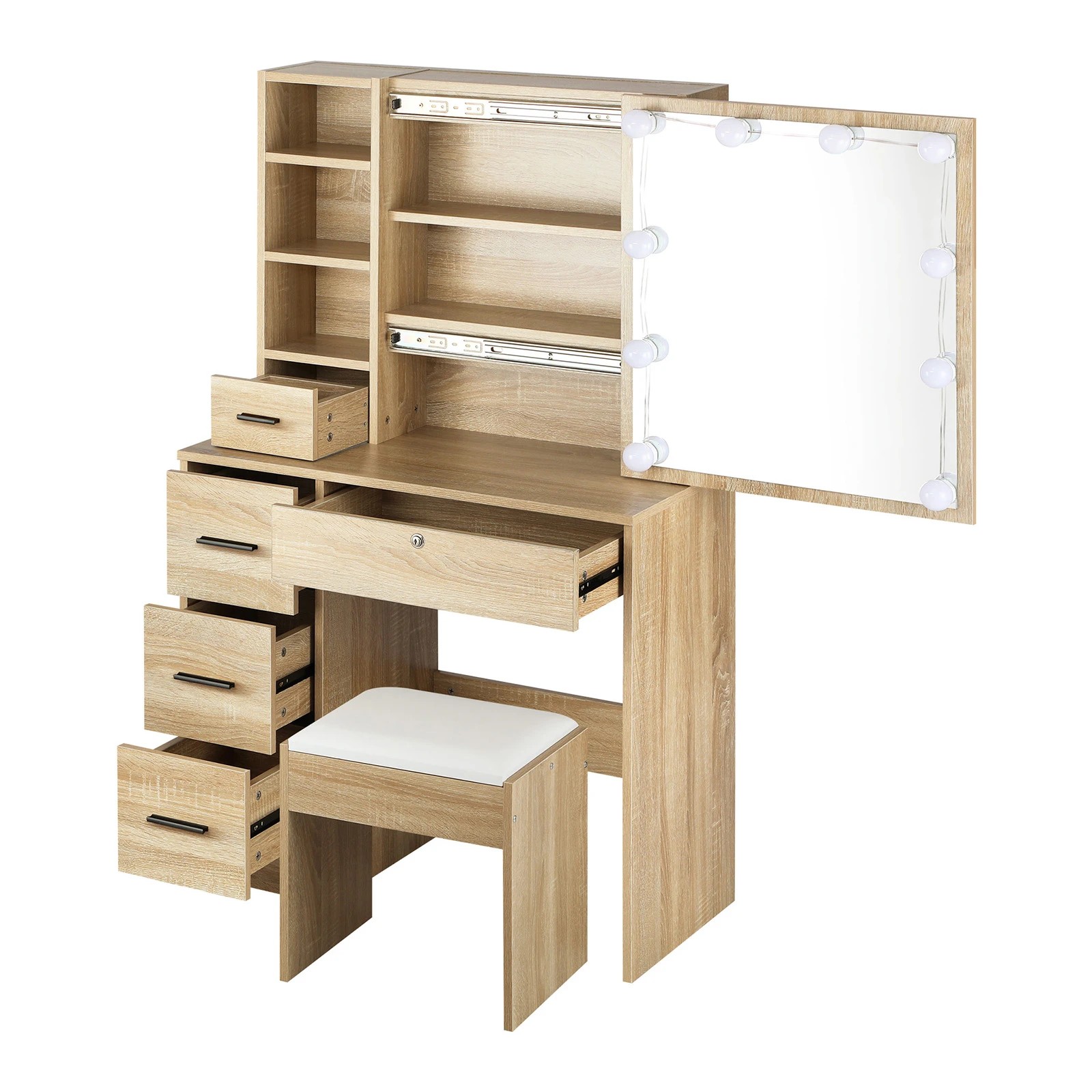 7 Oikiture Dressing Table Stool Set Makeup Slide Mirror Drawer 10 Led Bulbs Wooden
 - Natural, 7 of 9