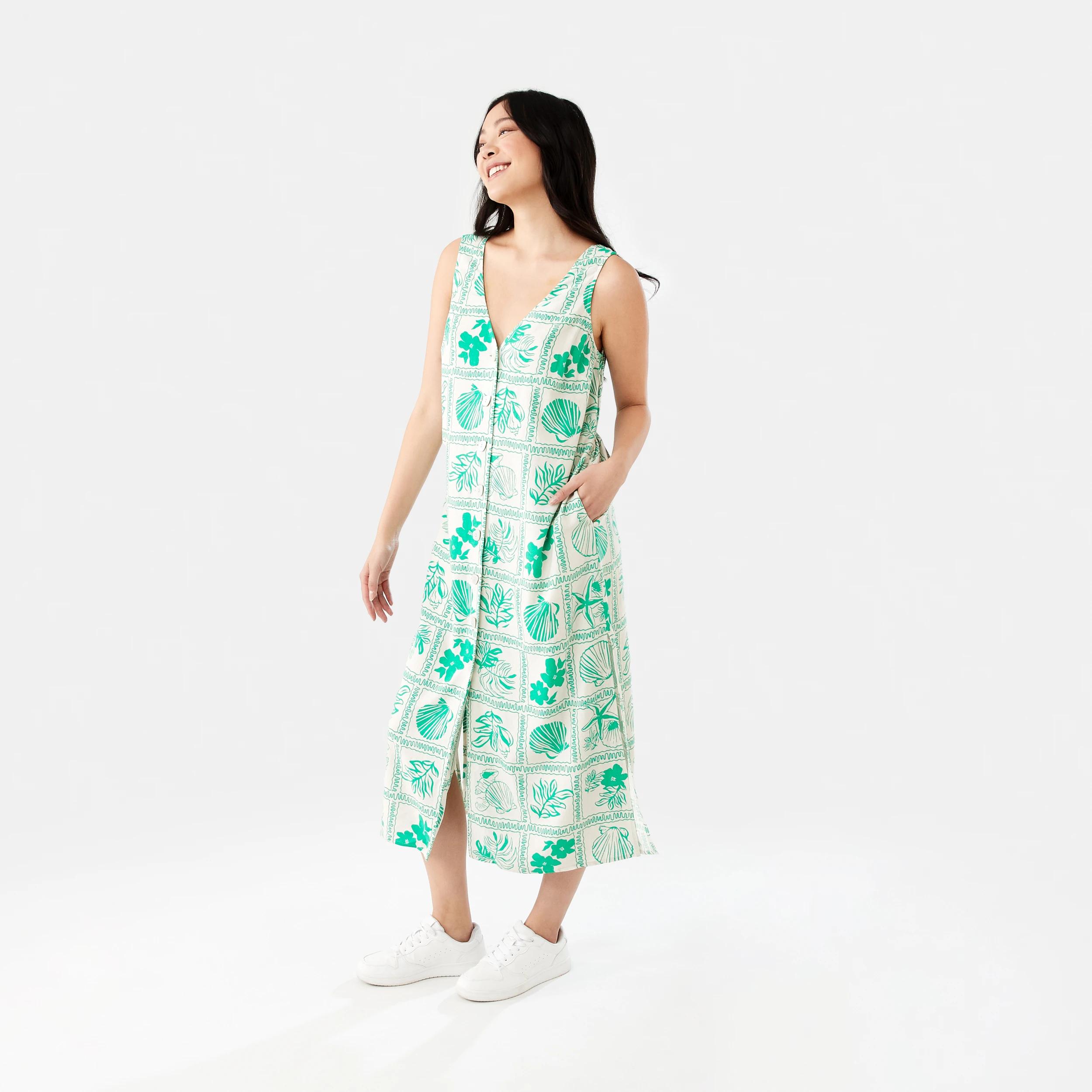 3 Sleeveless Longline Button Through Midi Dress SHELL GEO SIMPLY GREEN, 3 of 9
