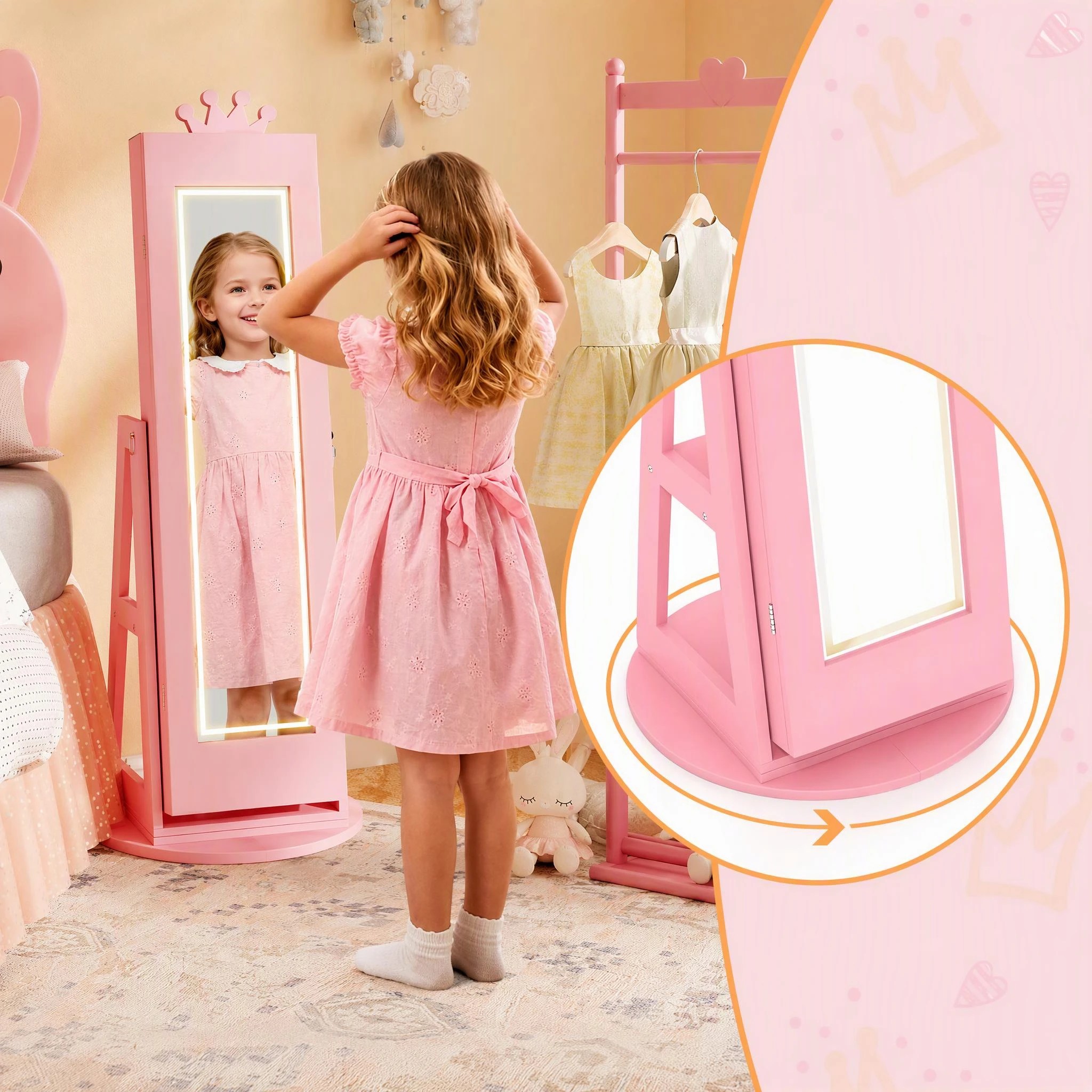 4 Costway Swivel Mirror Jewellery Cabinet Jewelry Organizer Standing Box Princess Armoire - Pink, 4 of 9