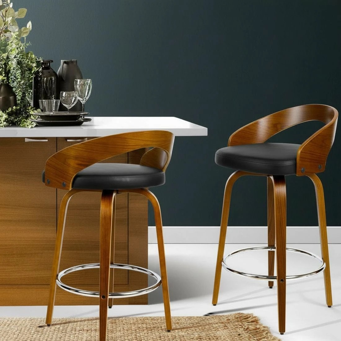 6 Artiss 2x Bar Stools Swivel Seat Curving Backrest - Black, 6 of 7