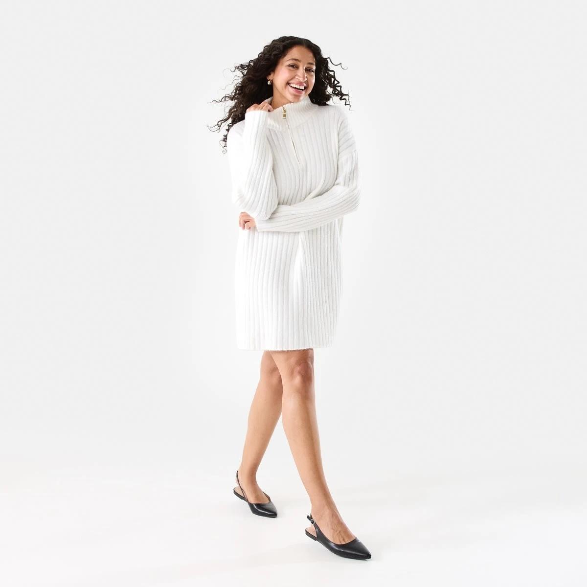 1 Long Sleeve Half Zip True Knit Mini Dress Ecru, 1 of 8
