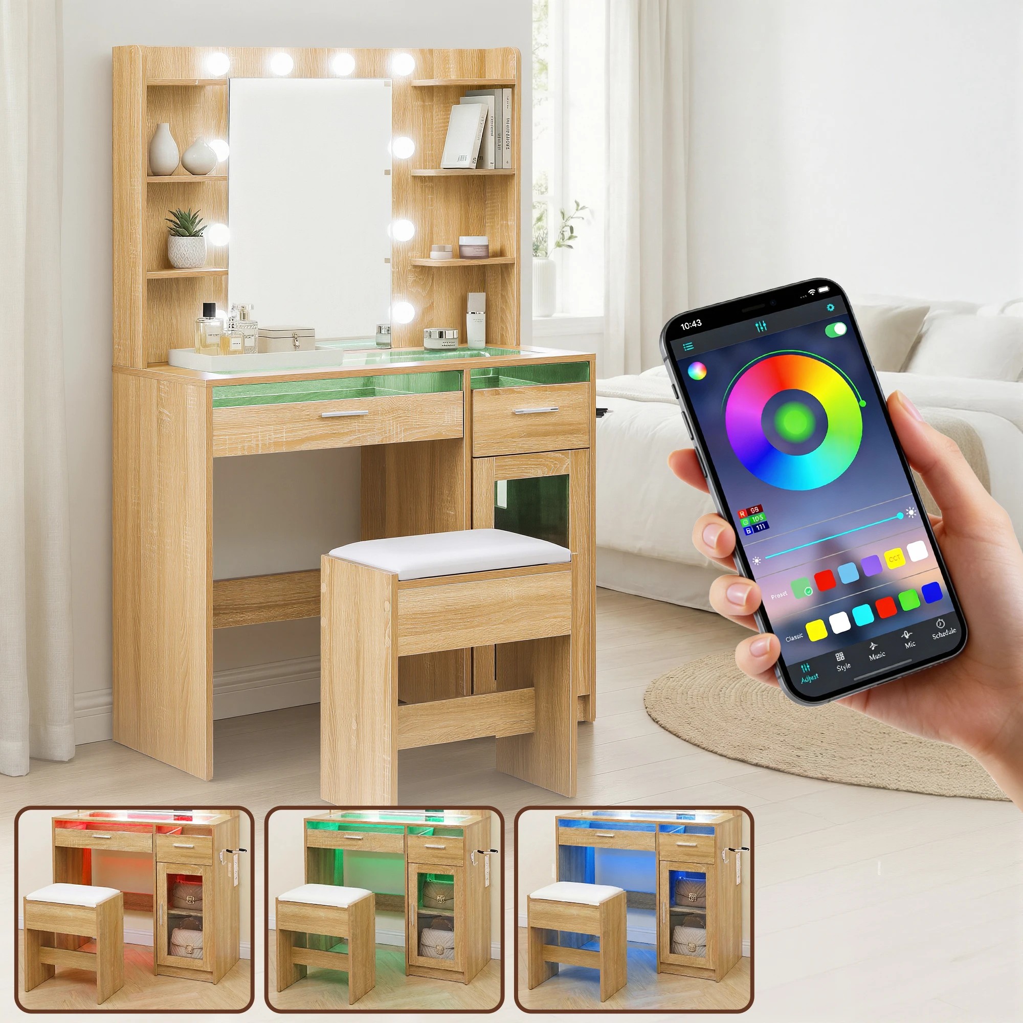 5 Artiss Dressing Table Vanity Desk Set 10 LED Bulbs RGB Light - Natural, 5 of 9