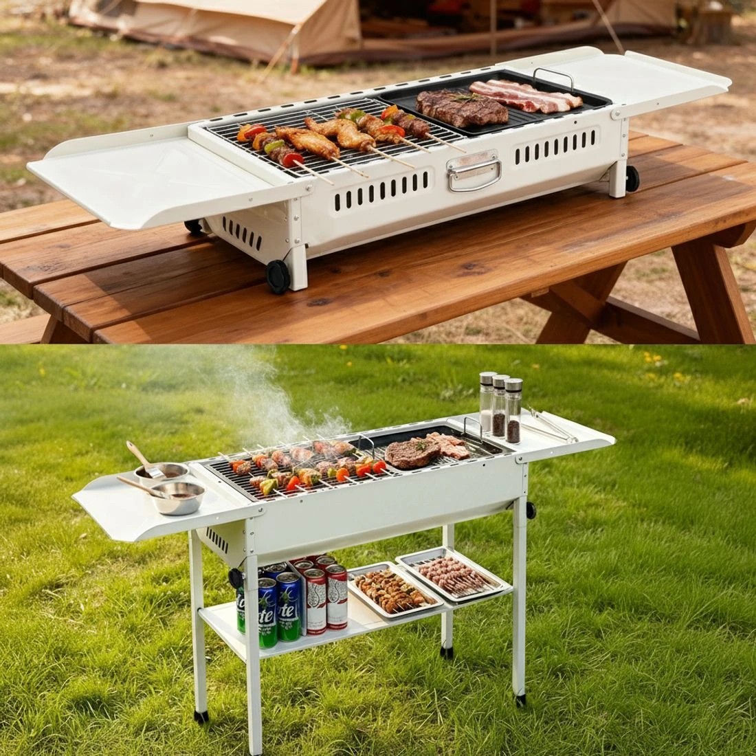 5 Grillz Portable BBQ Grill w/ Stainless Steel Racks & Pans for - Beige, 5 of 7