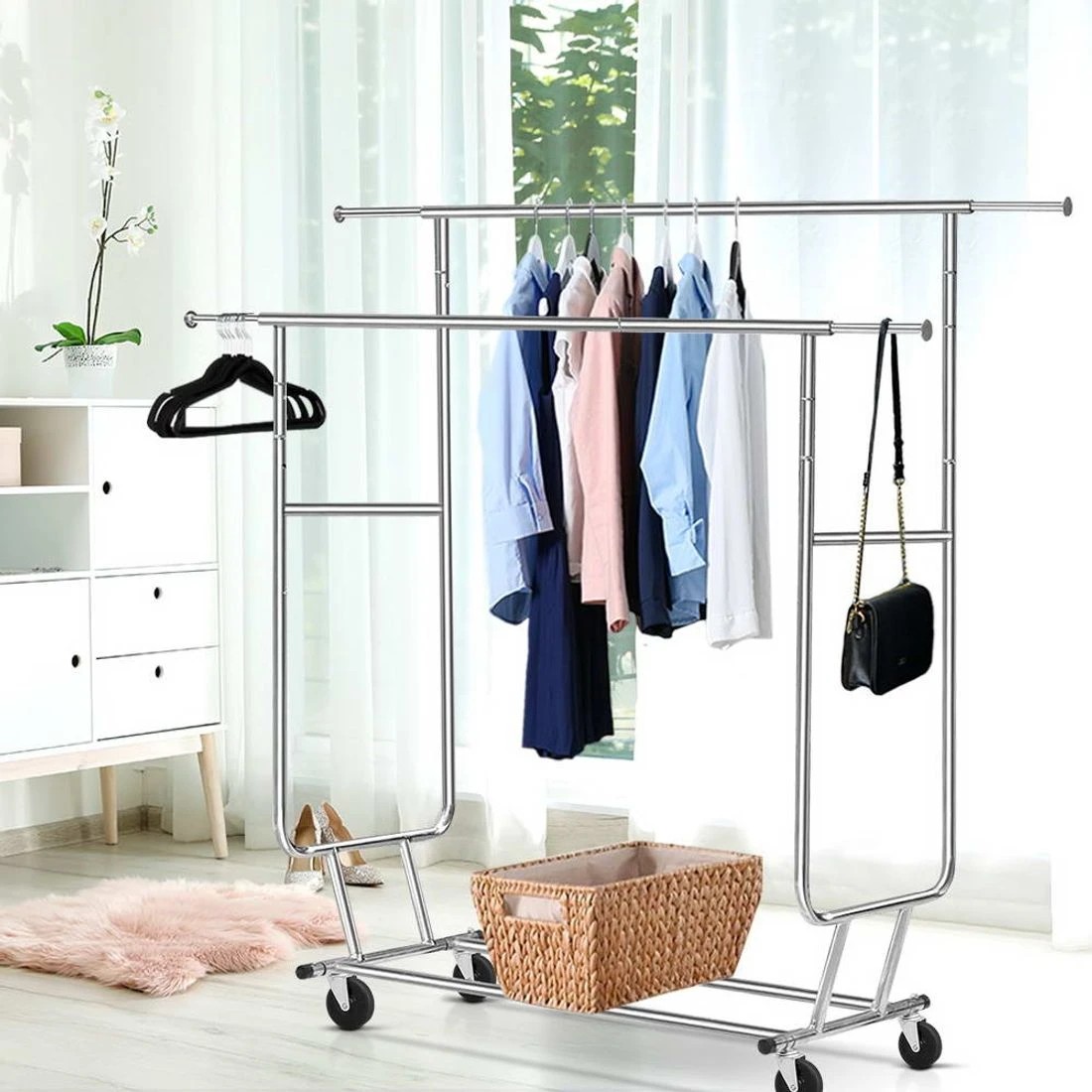 3 Artiss Clothes Rack Airer Double Rail Coat Stand Adjustable Hanger - Silver, 3 of 7