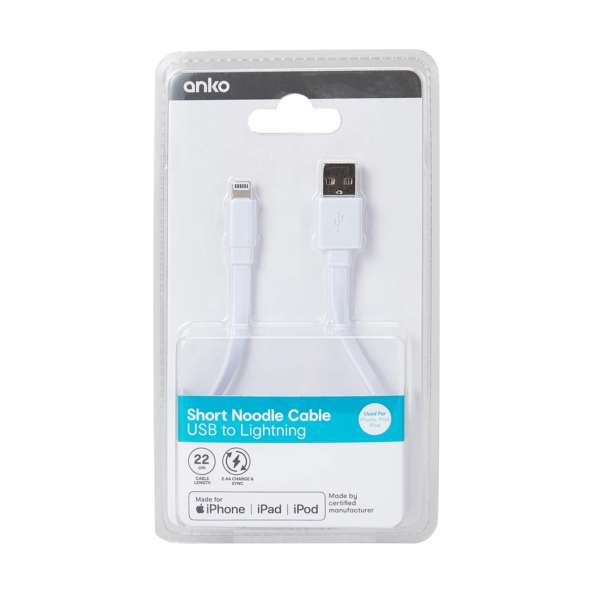 4 Short Noodle USB to Lightning Cable - 0.22m, White, 4 of 4