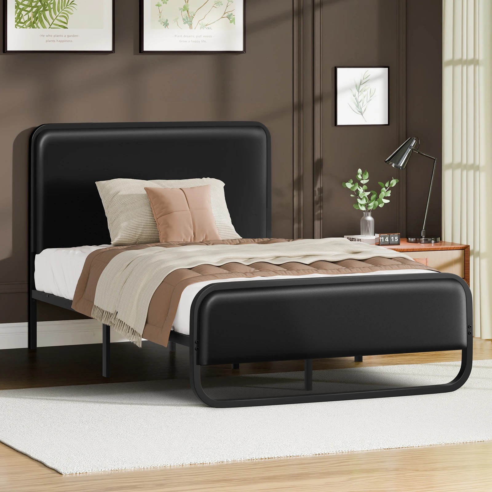 7 Alfordson Metal Bed Frame Single Size Upholstered Headboard Leather Madge - Black, 7 of 10