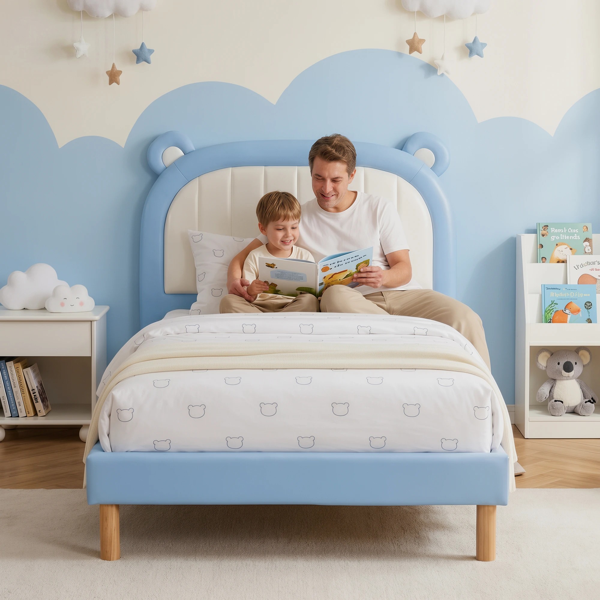 7 Artiss Kids King Single Bed Frame Upholstered Bear Headboard Boys Bed - Multi, 7 of 8