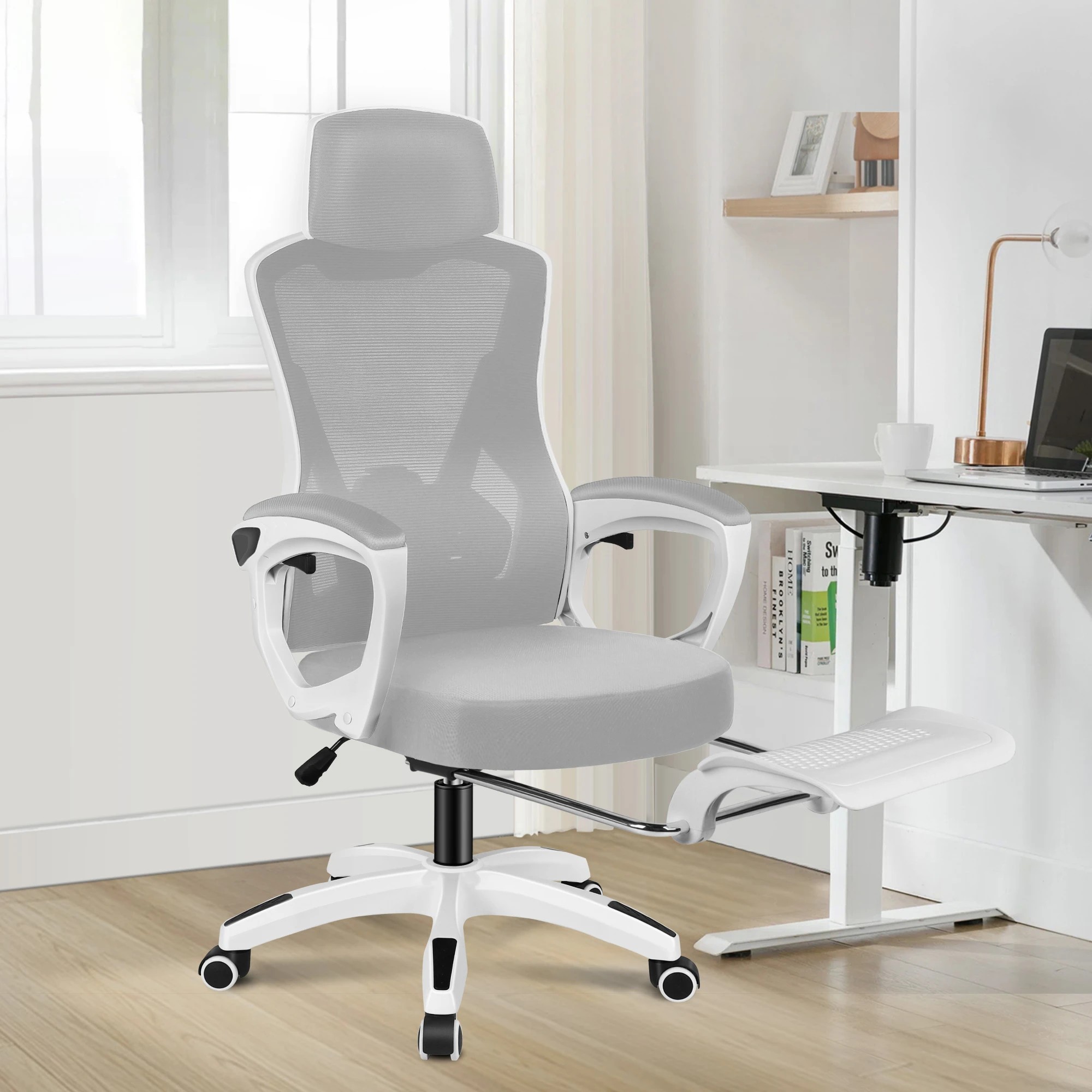 2 Alfordson Mesh Office Chair Gaming Executive Computer Recliner Study Work Seat - White Grey, 2 of 10
