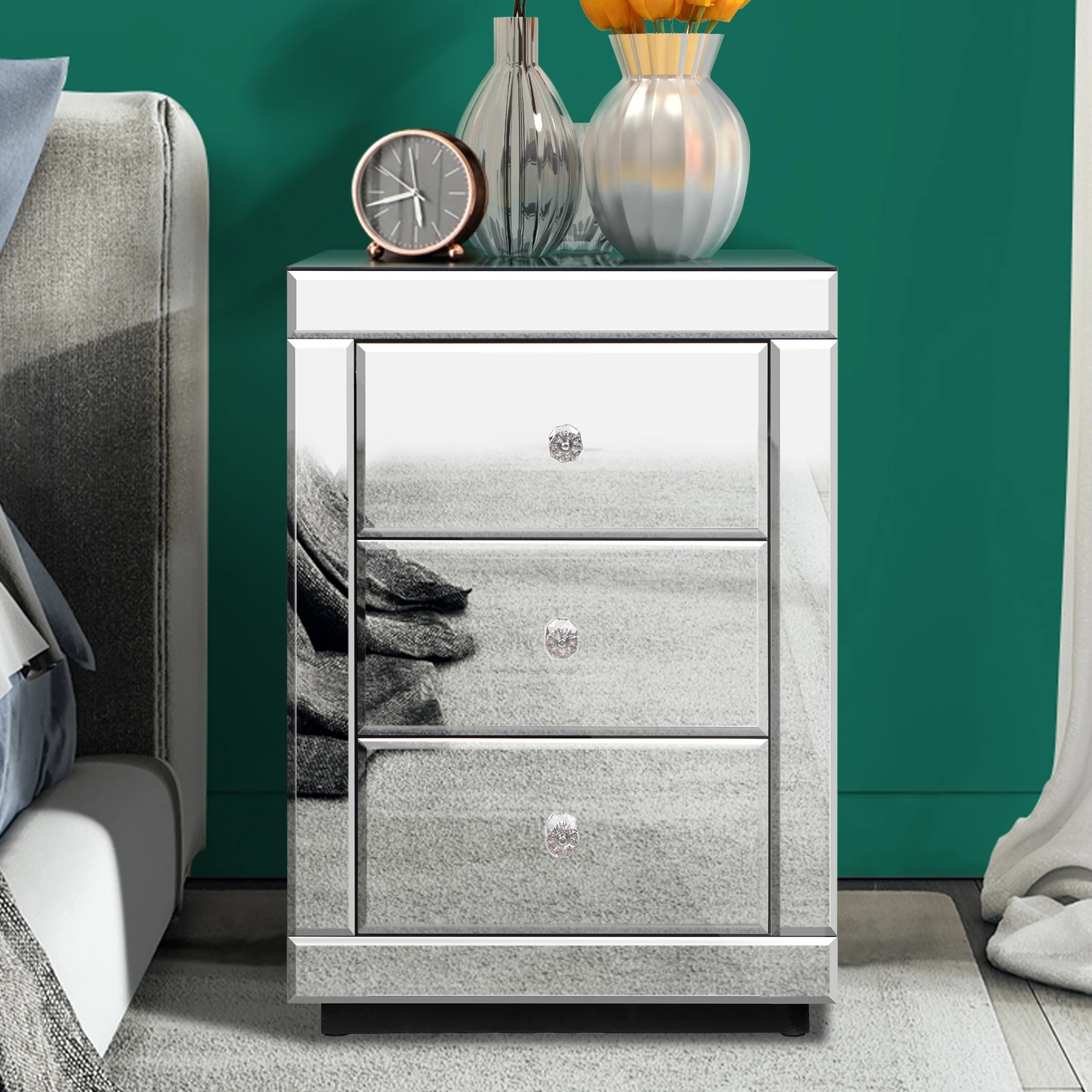 10 Alfordson 2x Mirrored Bedside Table 3 Drawers - Silver, 10 of 10