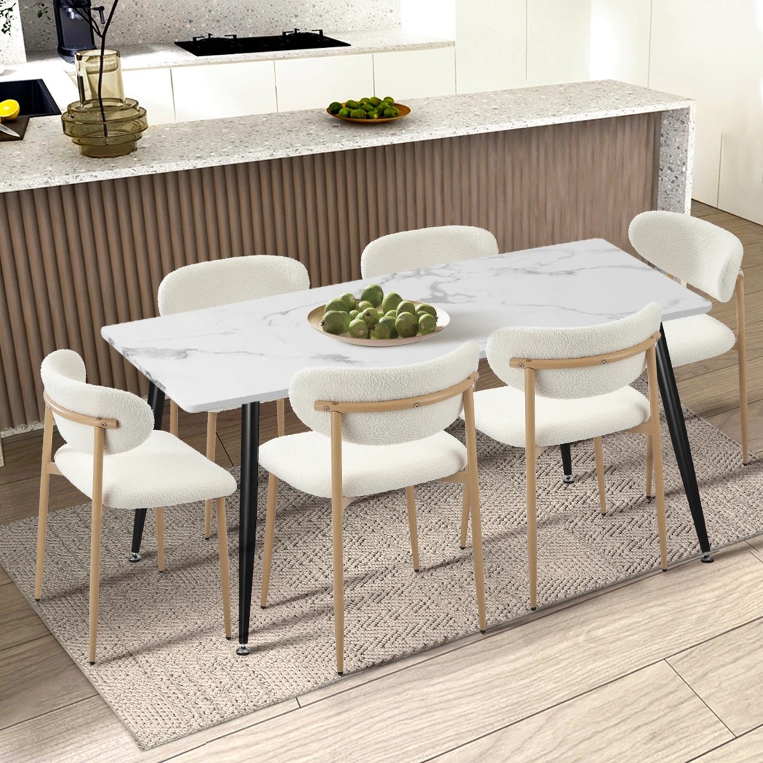 3 Oikiture 2x Dining Chairs Kitchen Chair Cafe Lounge Chair Boucle Timber-look Legs
 - White, 3 of 10