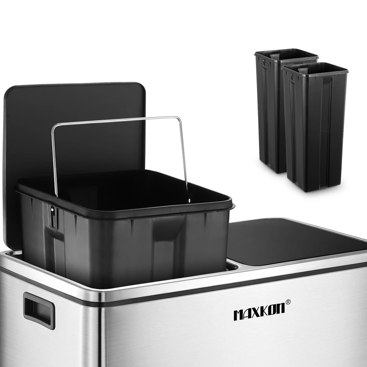 4 Maxkon 60L Rubbish Bin Dual Compartment Dustbin Pedal Recycling Trashcan Kitchen Waste Garbage Stainless Steel, 4 of 8