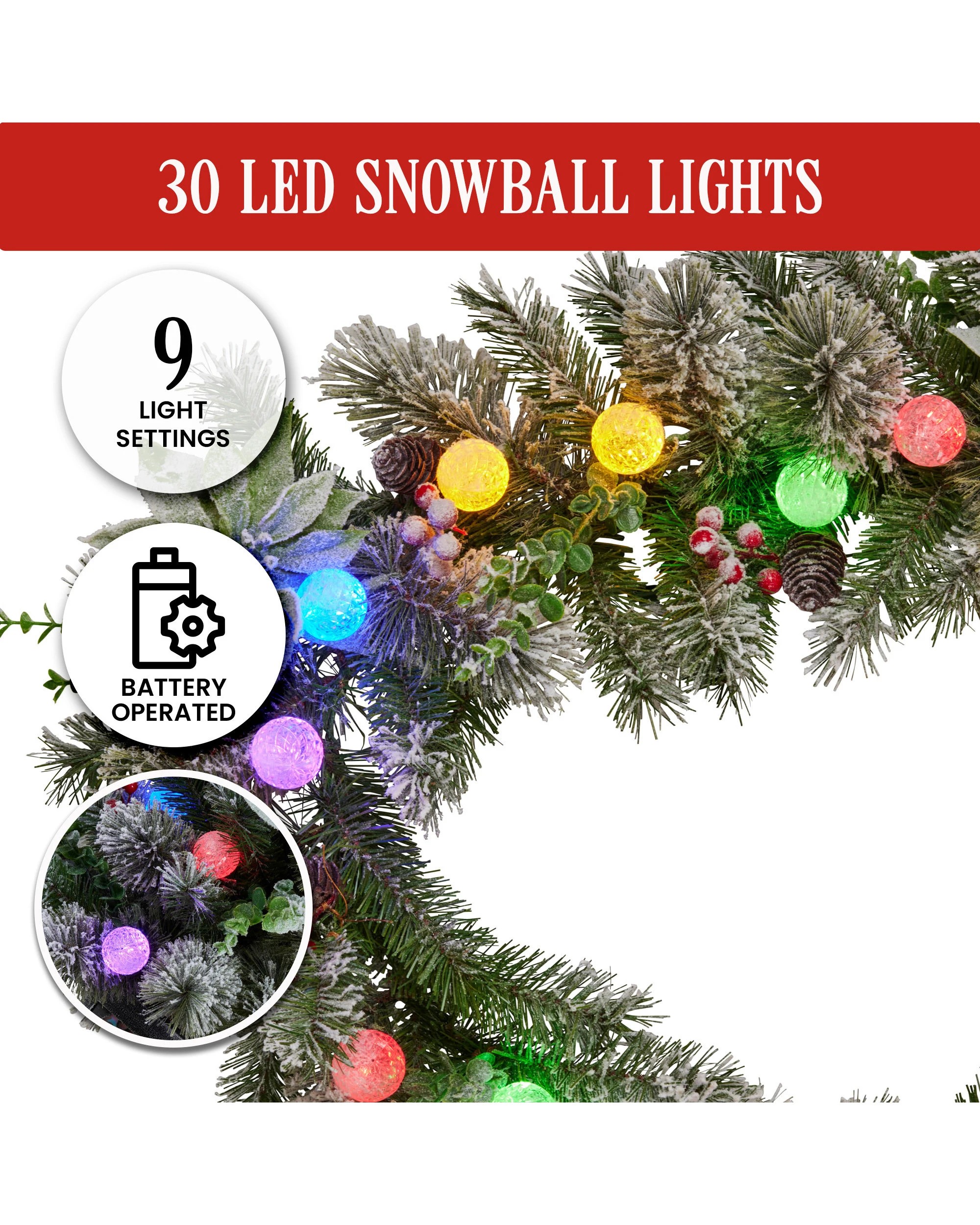 2 Christabelle 2.7m Snowy Christmas Garland With Led Coloured Baubles Lights Tree Decoration Ornament, 2 of 5