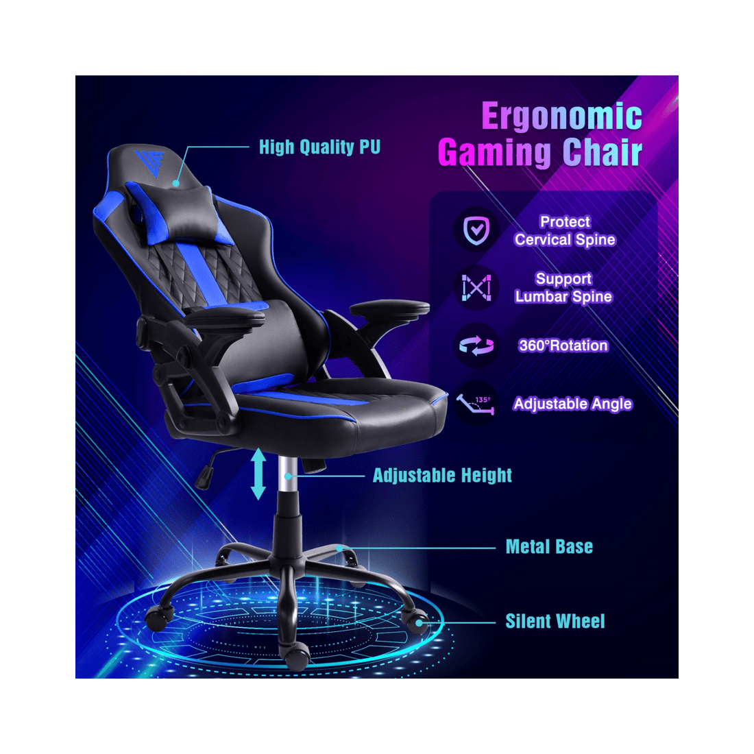 4 Advwin Gaming Chair Height Adjustable Ergonomic Recliner Racing Office Chair
 - Black, 4 of 10