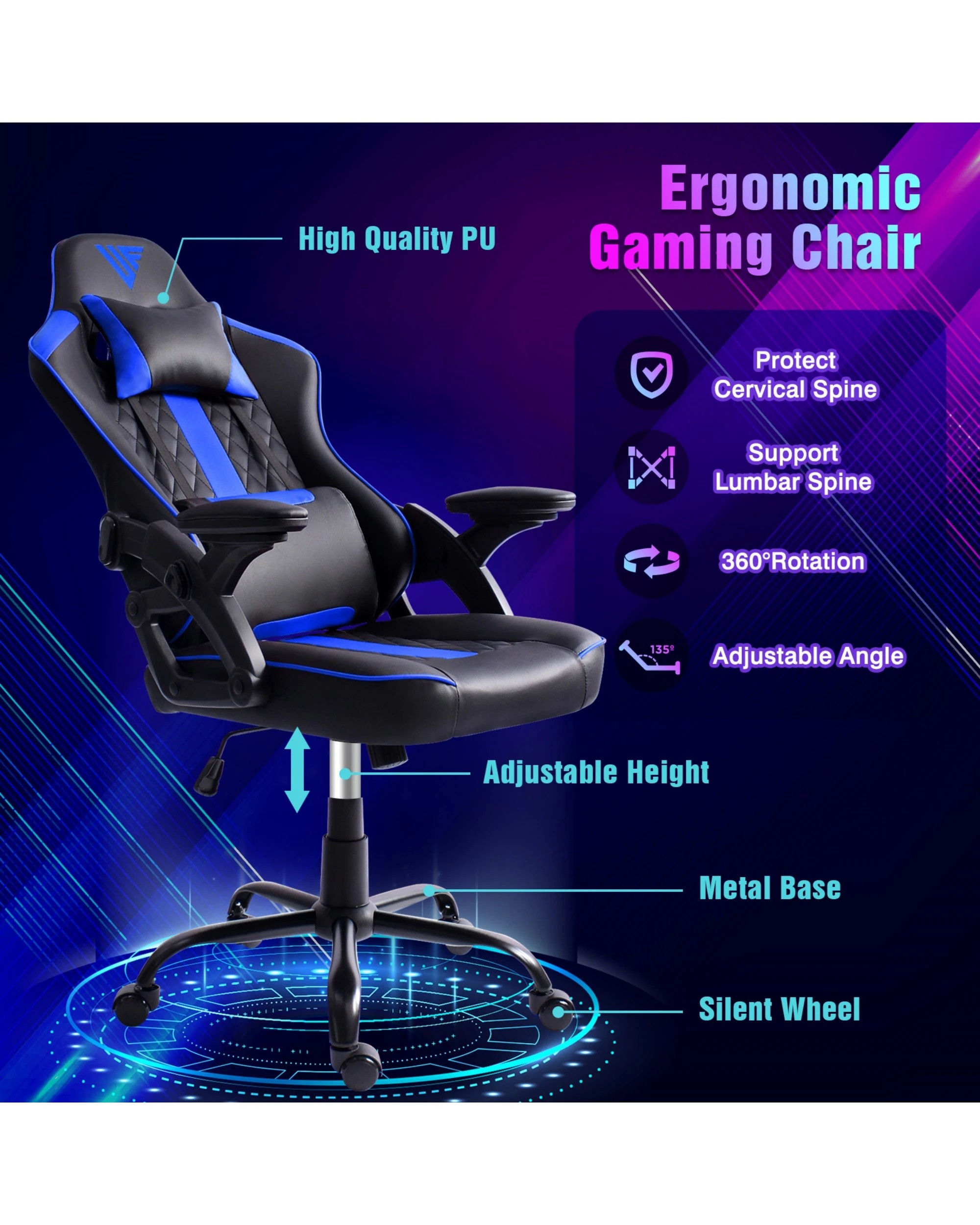 4 Advwin Gaming Chair Height Adjustable Ergonomic Recliner Racing Office Chair
 - Black, 4 of 10