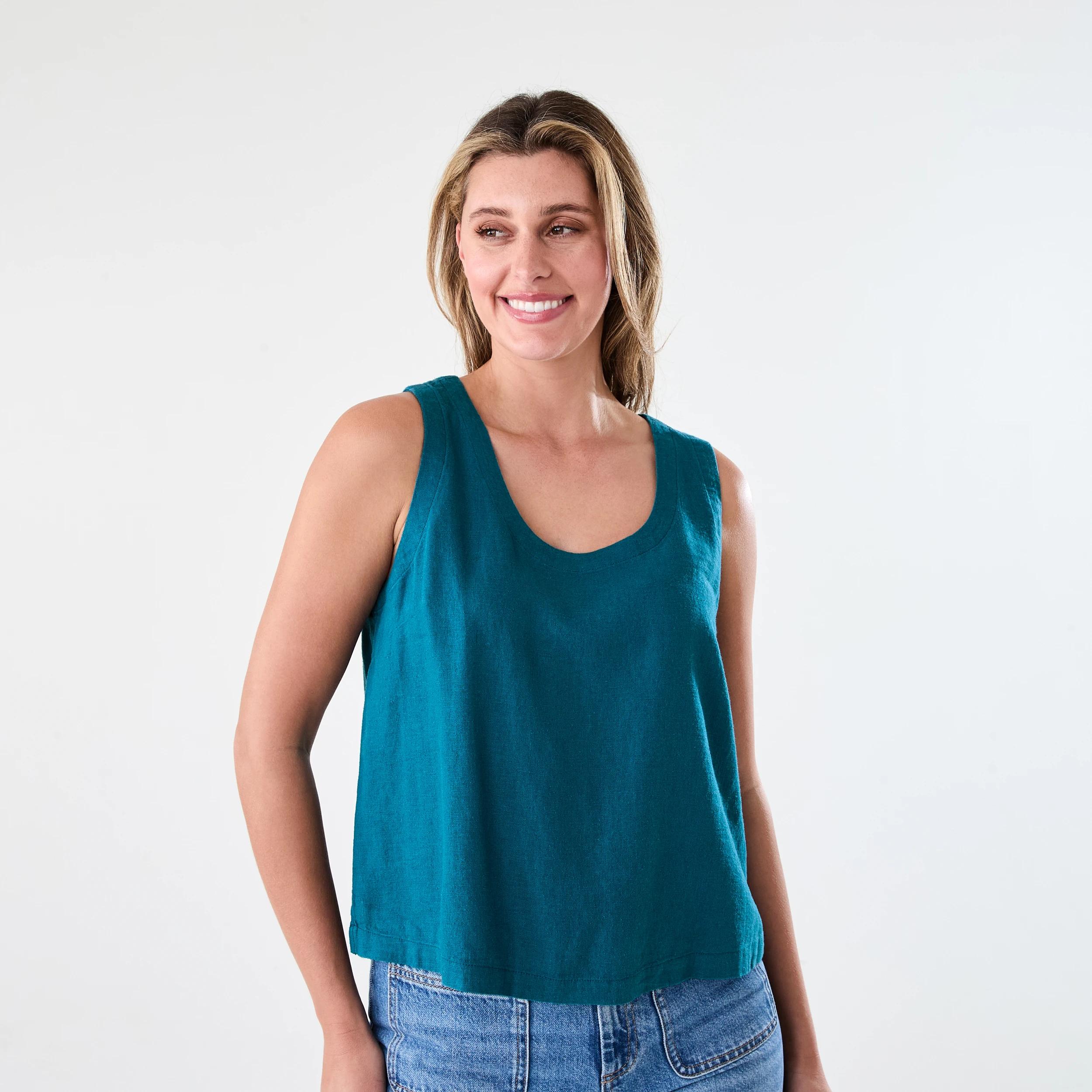 1 Sleeveless Linen Blend Scoop Neck Tank Teal Coral, 1 of 6