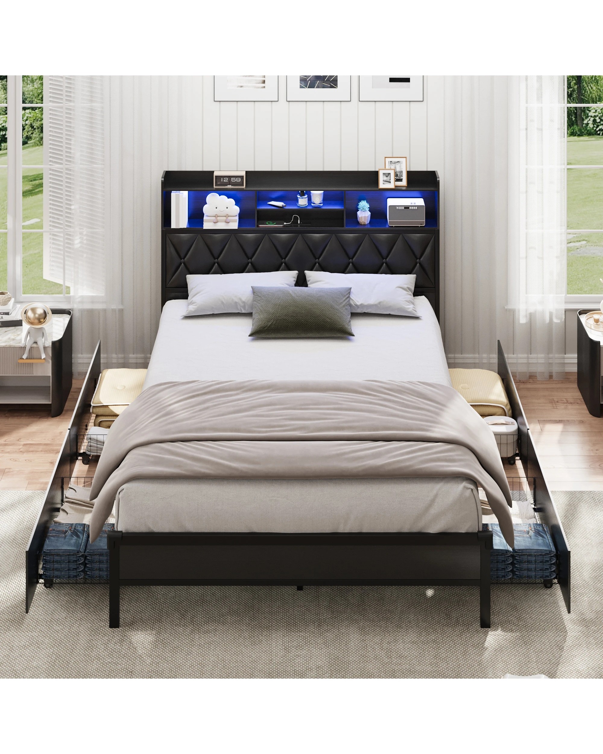 2 Advwin Queen Bed Frame with 4 Storage Drawers and Charging Station - Black, 2 of 9