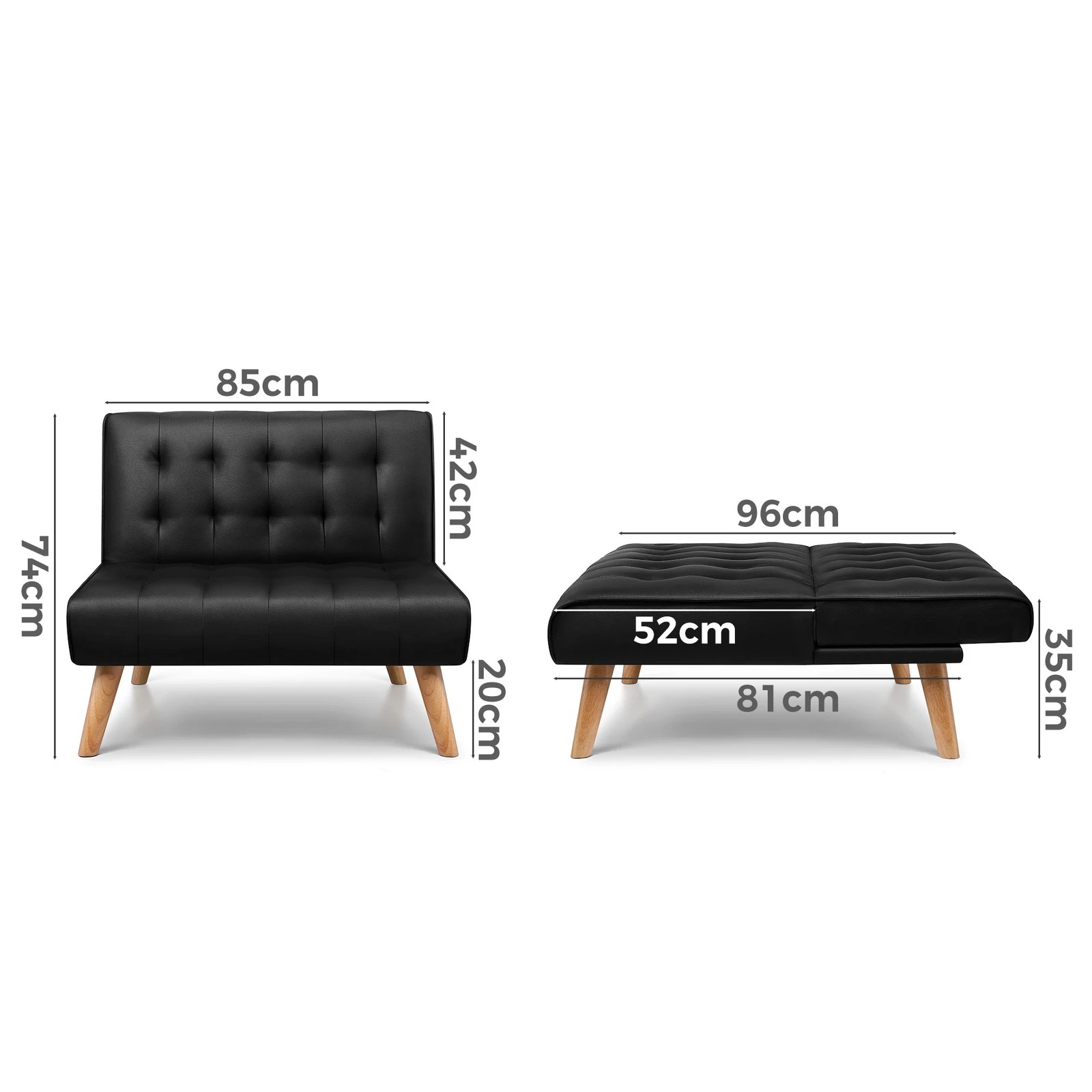 2 Alfordson 2x Sofa Bed Single Chair Leather - Black, 2 of 9