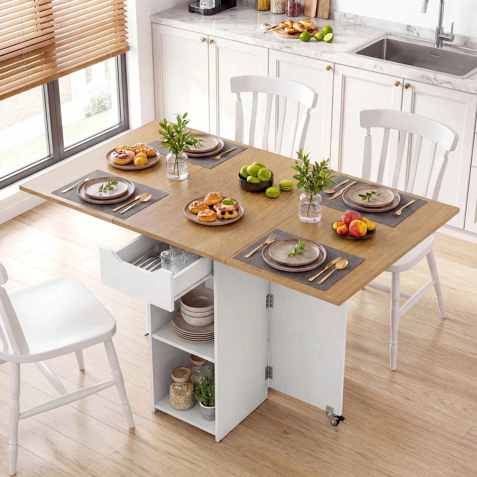 2 Costway Folding Dining Table Extendable Wooden Kitchen Console Table Drop Leaf w/Shelves & Drawer - White, 2 of 5