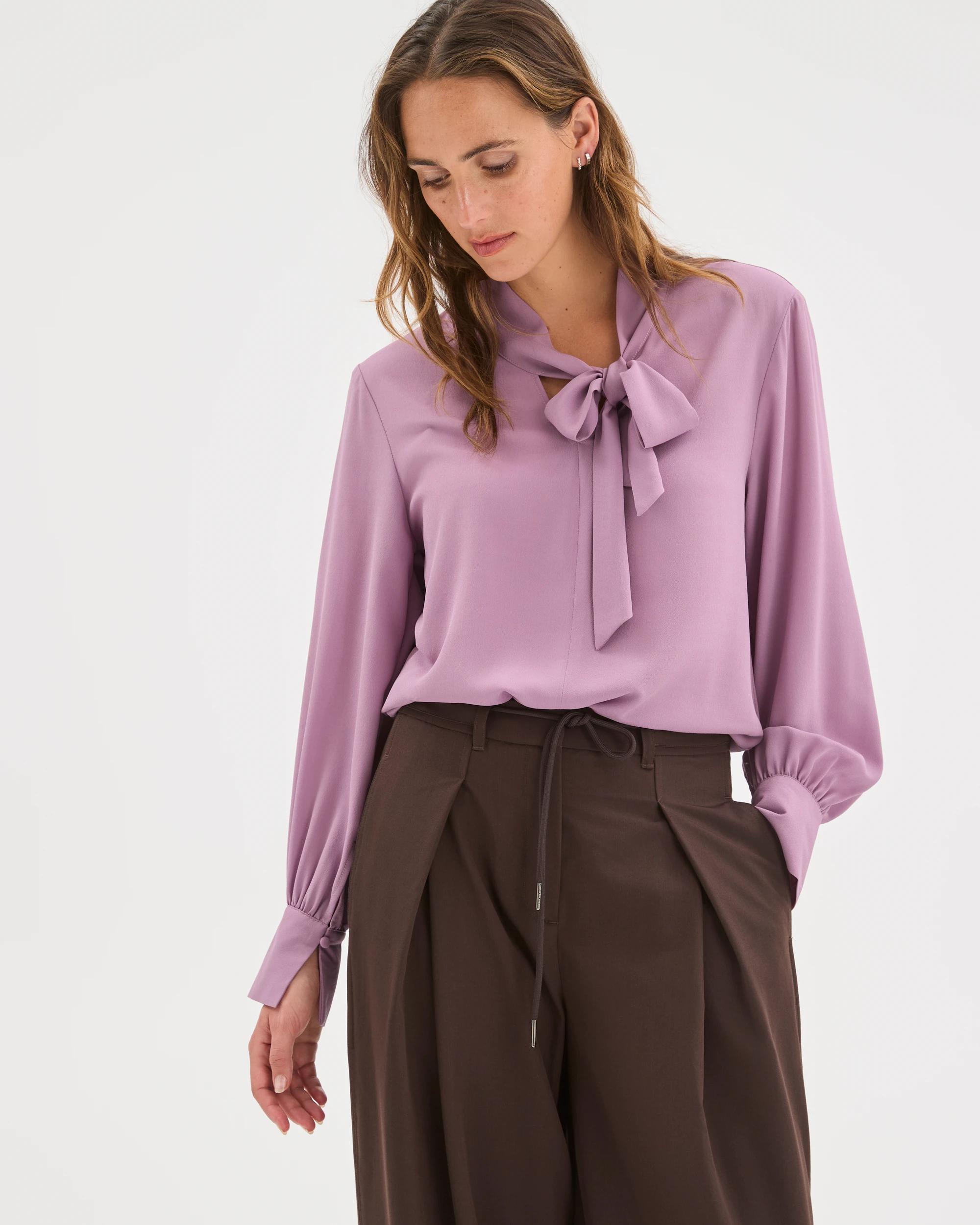 3 Preview Long Sleeve Tie Neck Blouse BERRY CREAM, 3 of 7