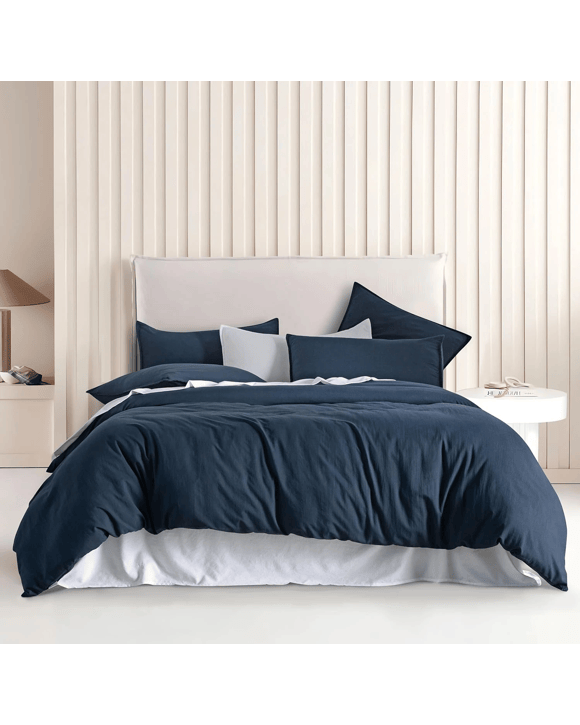 CleverPolly 100% Vintage Washed Microfibre Quilt Cover Set - Navy Blue - Super King Bed