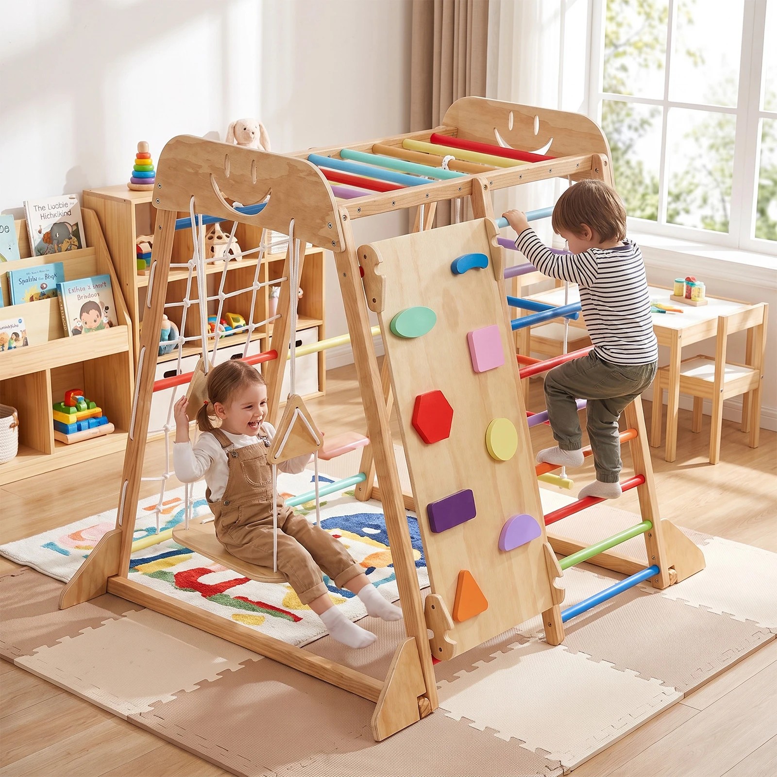 6 Advwin  Kids Climbing Frame with Slide and Swing Montessori Wooden Climbing Set with Monkey Bars and Rope Ladder - Multi, 6 of 9