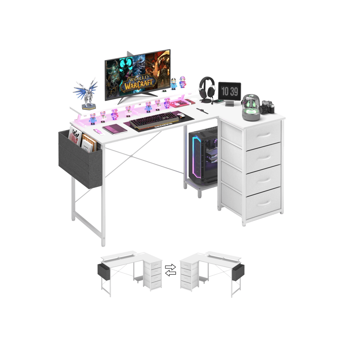 1 Advwin L Shaped Gaming Desk 140cm With Led Lights & Power Outlets Convertible Computer Desk With Monitor Stand White, 1 of 10