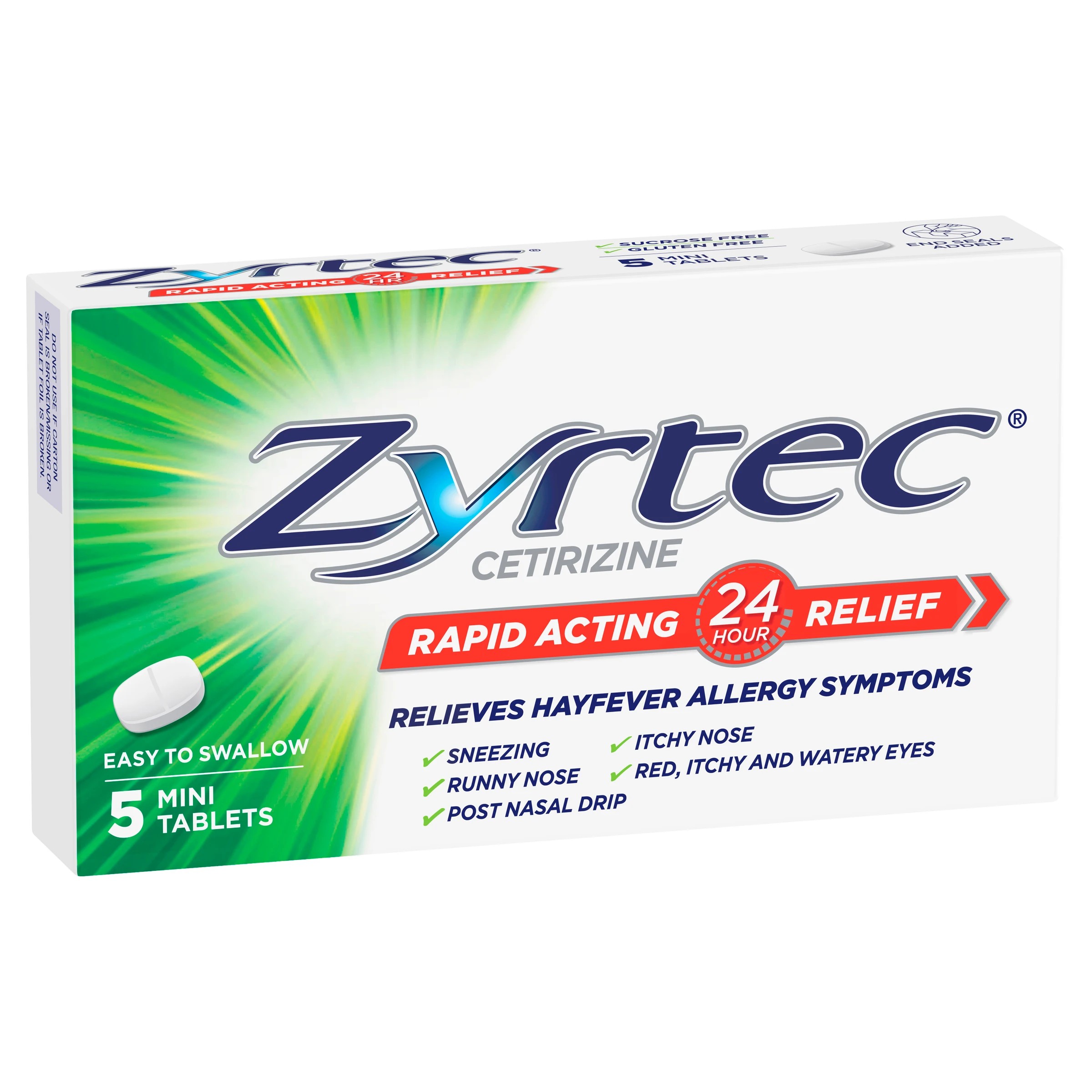 1 5 Pack Zyrtec Rapid Acting Hayfever Allergy Relief Antihistamine Mini Tablets - Green, 1 of 6