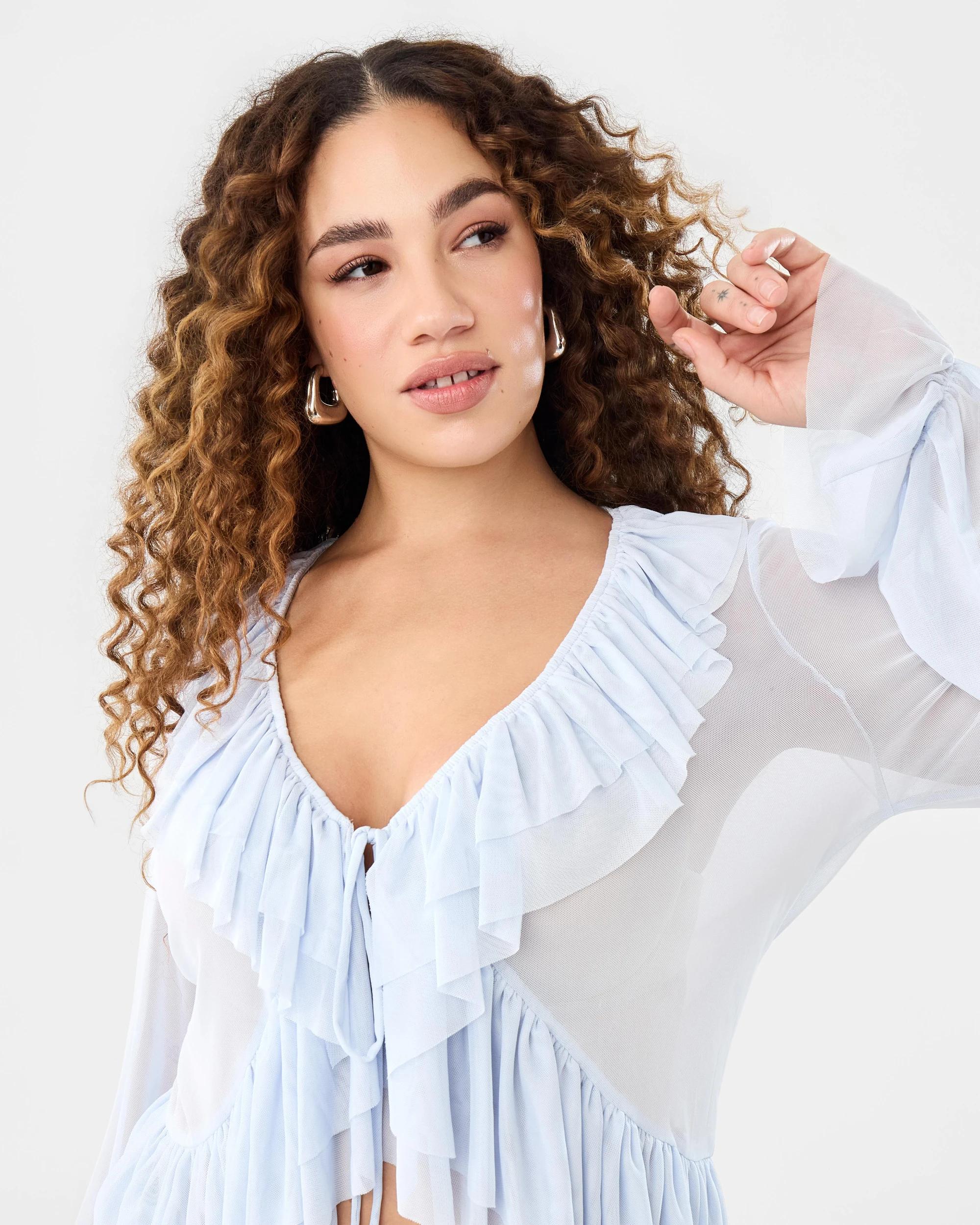 5 Long Sleeve Ruffle Tie Top Powd Blue, 5 of 10