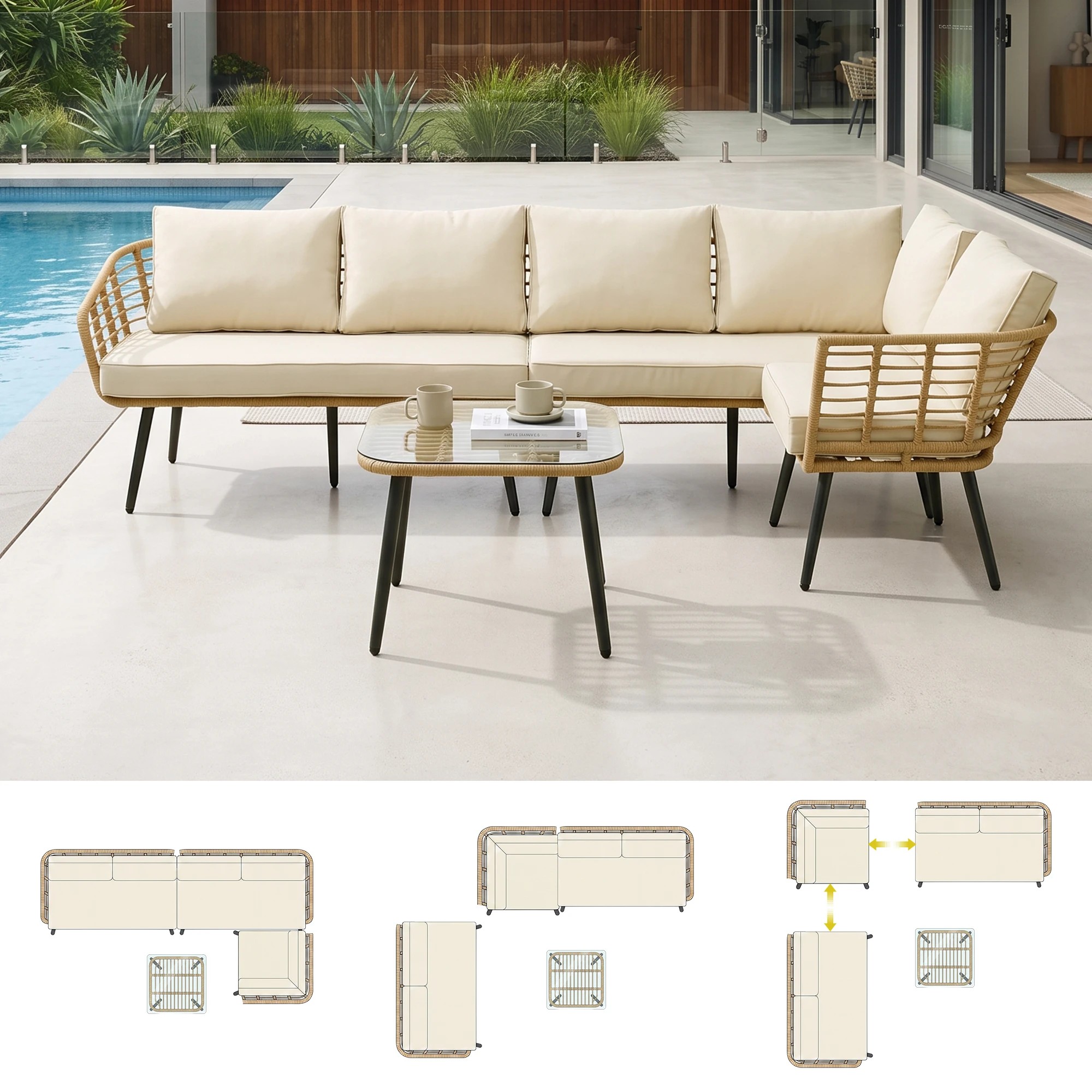 5 Gardeon 4-Piece Modular Outdoor Sofa Set with Cushions 5 Seater Rattan Garden Patio Furniture Table and Chair - Beige, 5 of 7