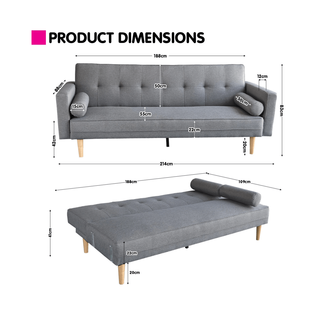 6 Sarantino 3 Seater Linen Sofa Bed Couch With Pillows - Light Grey, 6 of 6