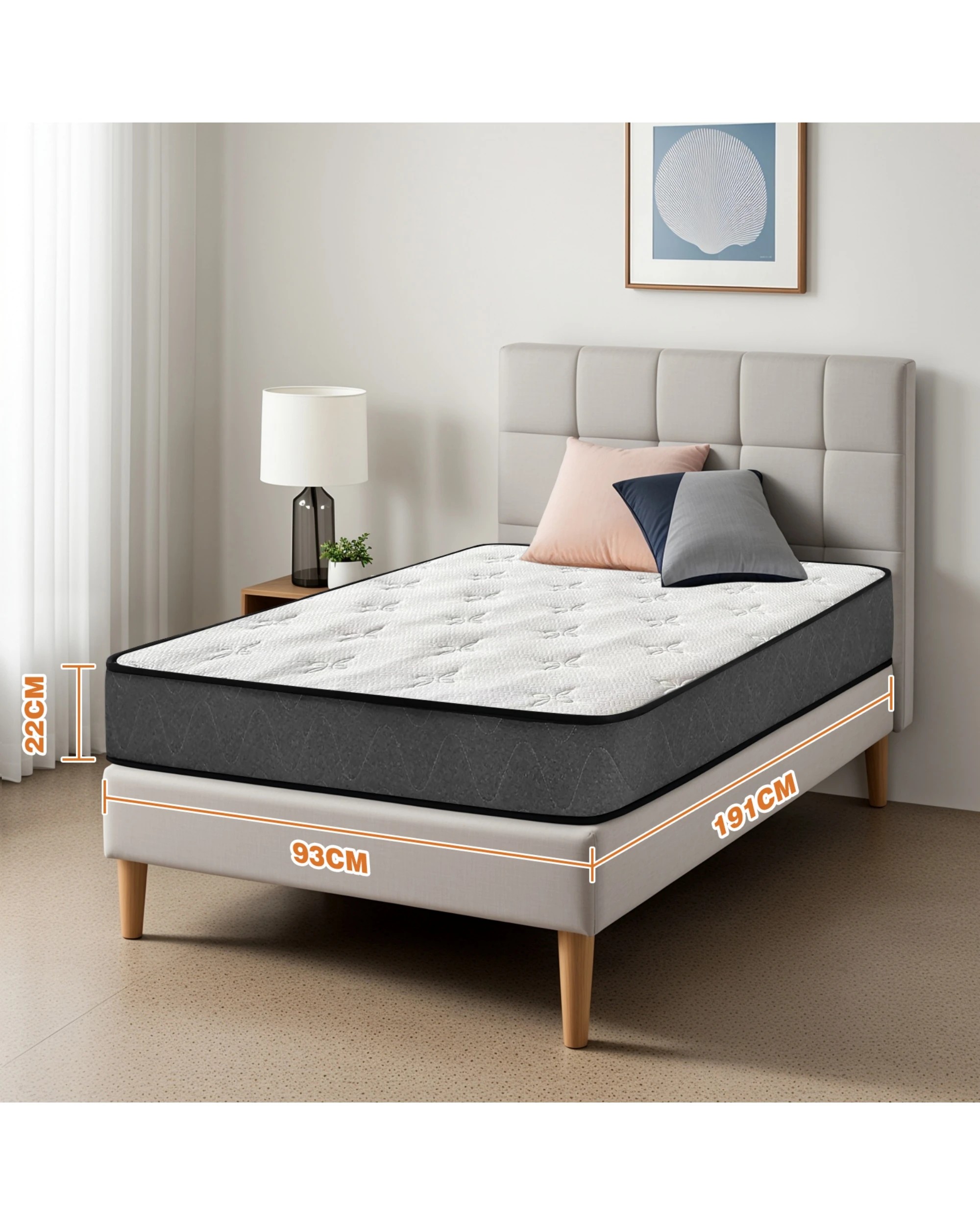 3 Advwin Mattress Single Medium Firm Bed Top Pocket Spring 22cm - White, 3 of 4