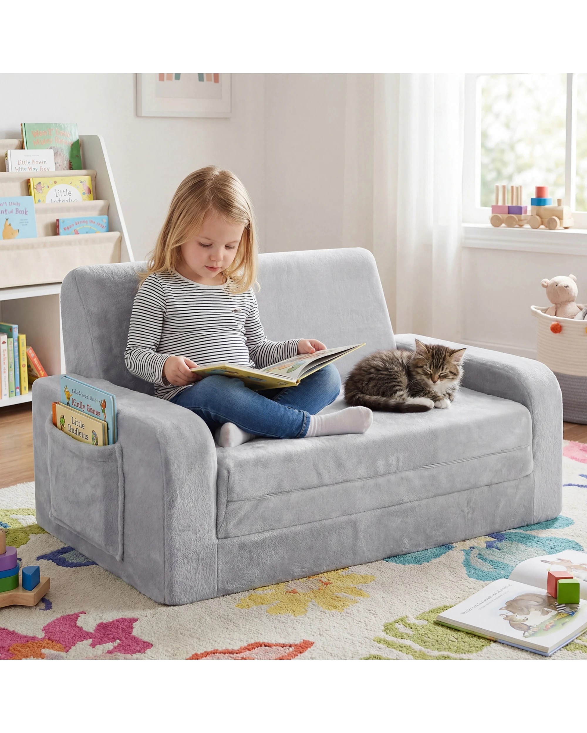 2 ADVWIN 3-in-1 Kids Loveseat Sofa Toddler Couch Chair & Lounger - Grey, 2 of 10