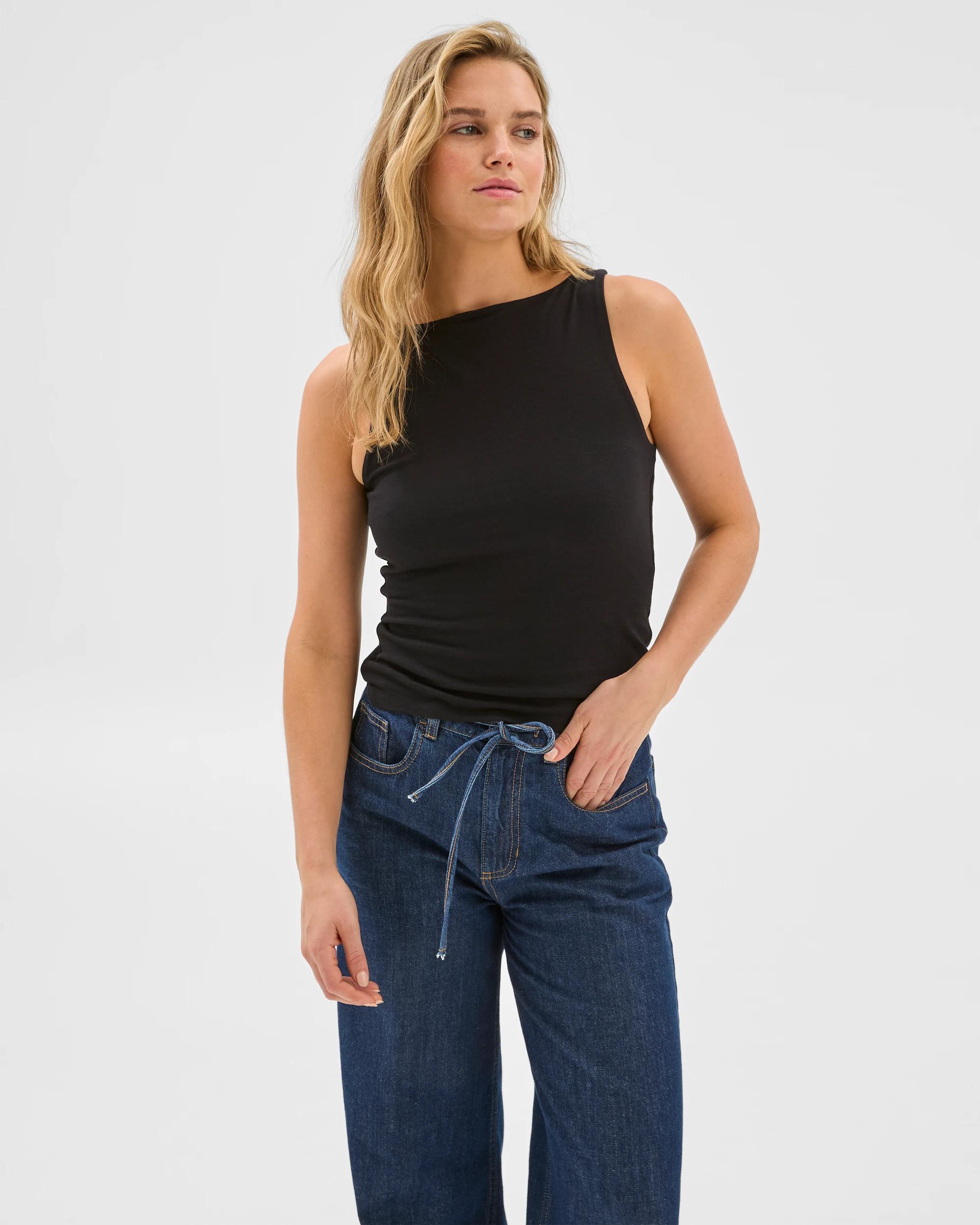 2 Australian Cotton Double Layer Boat Neck Tank Top - Lily Loves BLACK, 2 of 6