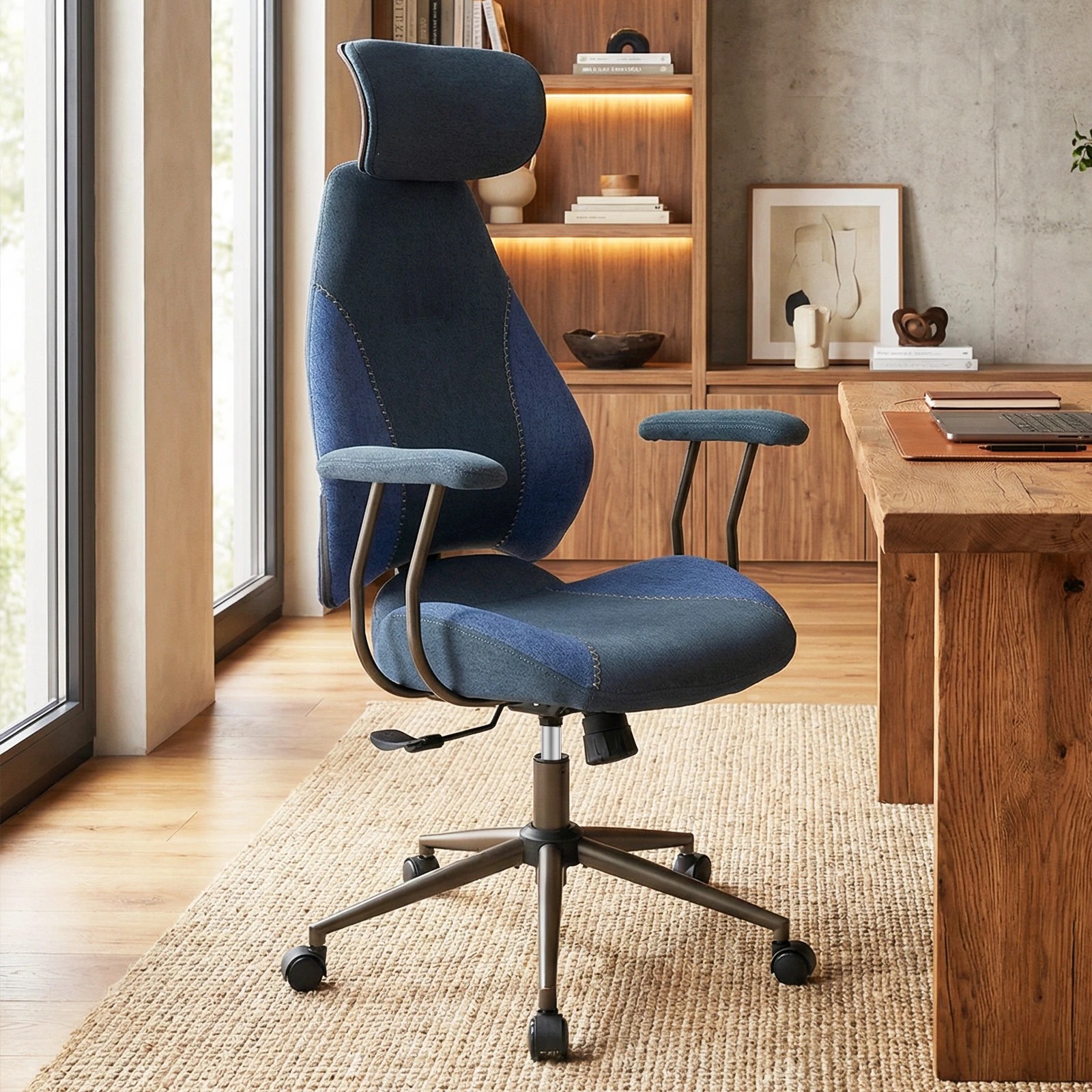 2 Costway Ergonomic Office Chair Flax Fabric Computer Desk Chair Armchair w/Headrest & Backrest - Blue, 2 of 3