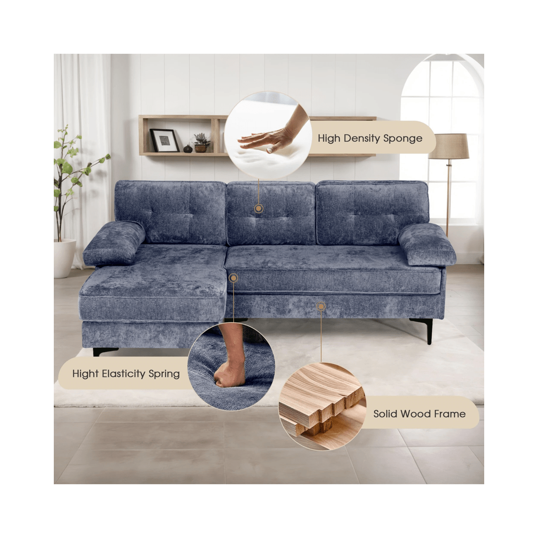 6 Advwin 3 Seater Sofa L-shape Chenille Lounge Couch W/ Reversible Chaise Blue, 6 of 9