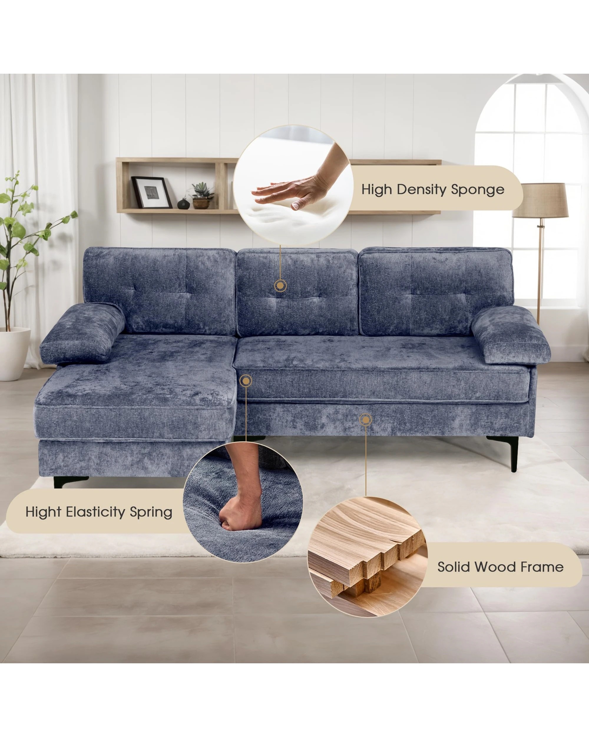 6 Advwin 3 Seater Sofa L-shape Chenille Lounge Couch W/ Reversible Chaise Blue, 6 of 9